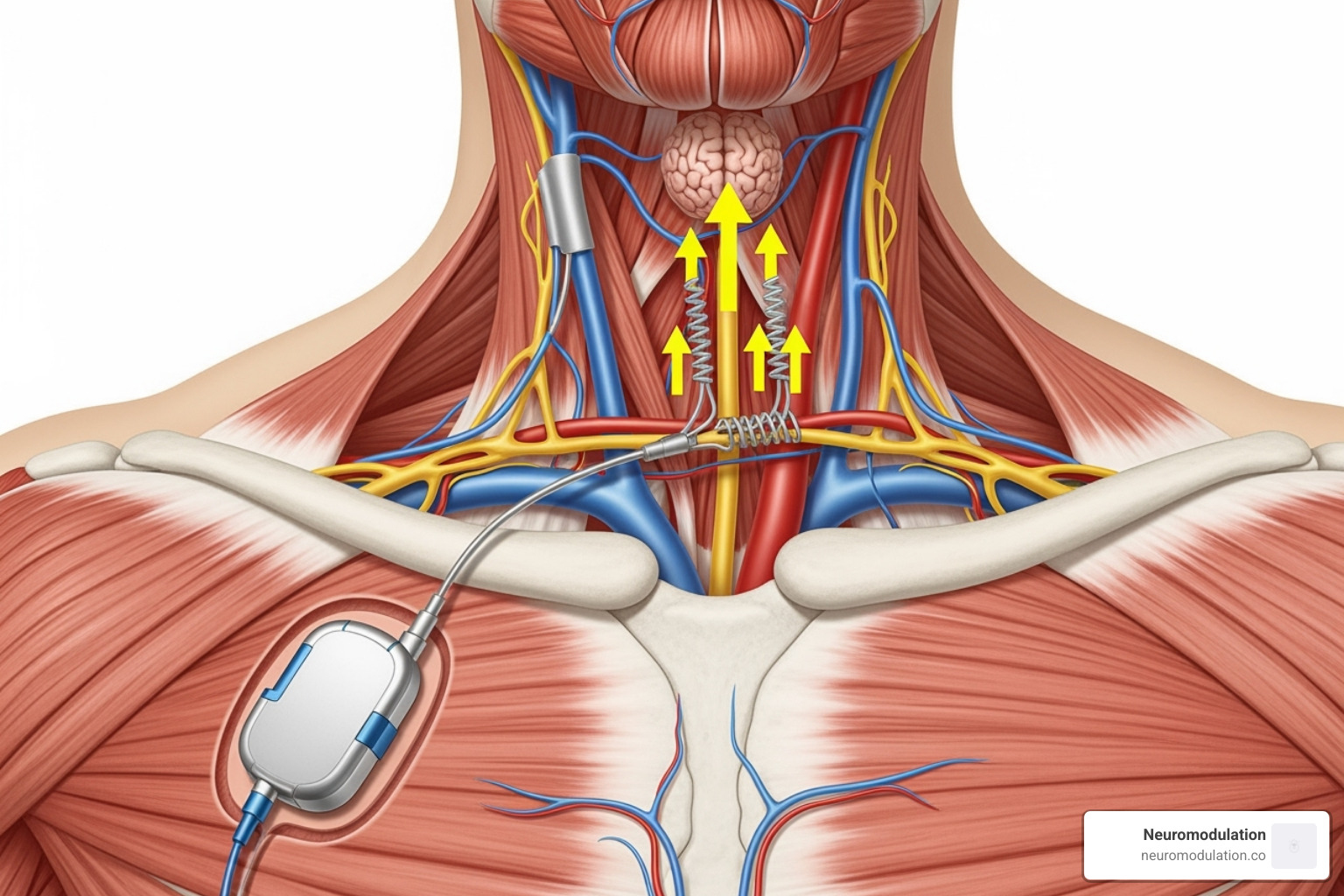Illustration of the VNS device showing the pulse generator implanted in the chest and the lead wire wrapped around the left vagus nerve in the neck, with arrows indicating the direction of electrical stimulation - vns Illustration of the VNS device showing the pulse generator implanted in the chest and the lead wire wrapped around the left vagus nerve in the neck, with arrows indicating the direction of electrical stimulation - vns