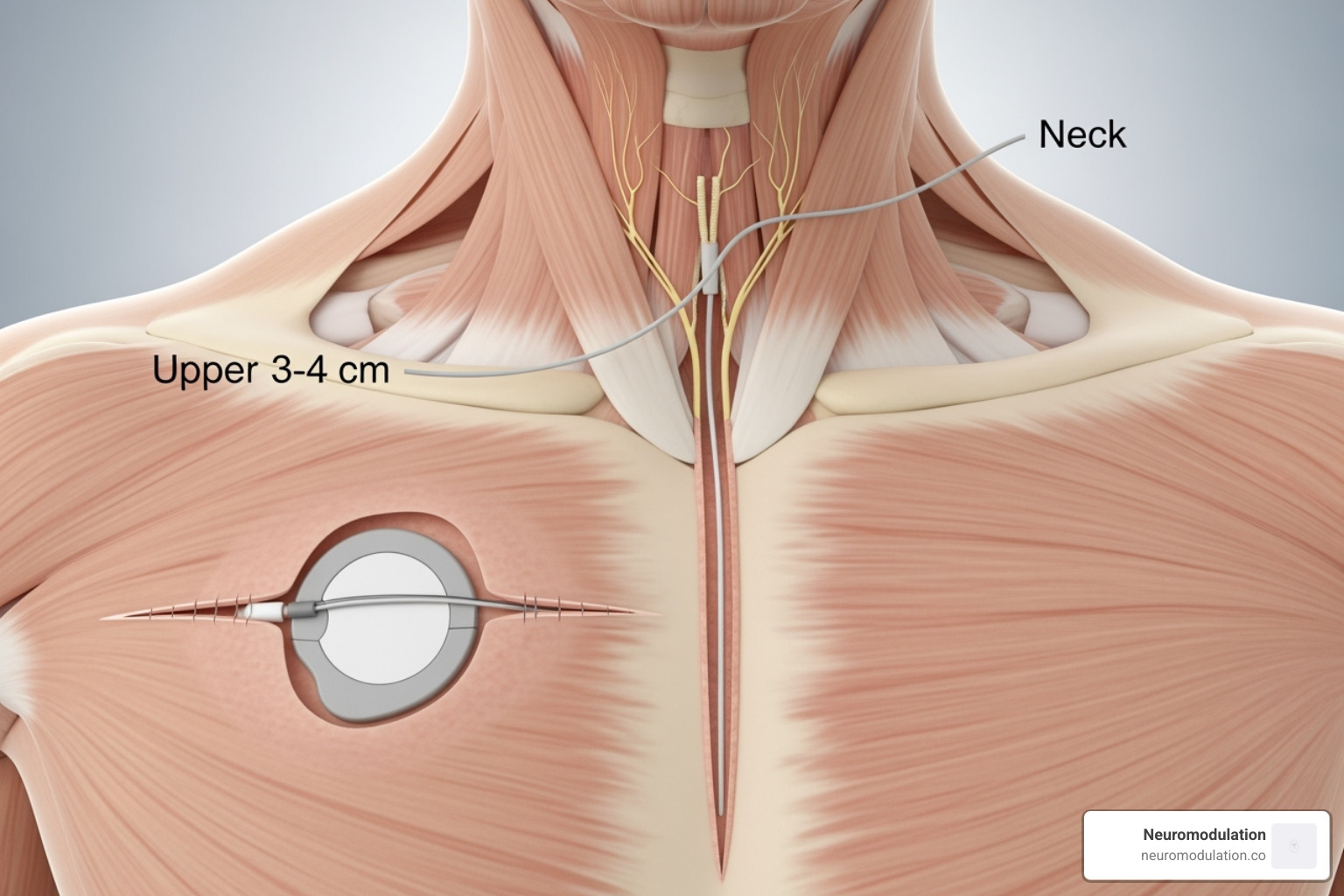 Illustration showing the two incision sites for VNS implantation: one in the upper left chest for the pulse generator and another in the neck for the lead wire attachment to the vagus nerve - vns Illustration showing the two incision sites for VNS implantation: one in the upper left chest for the pulse generator and another in the neck for the lead wire attachment to the vagus nerve - vns