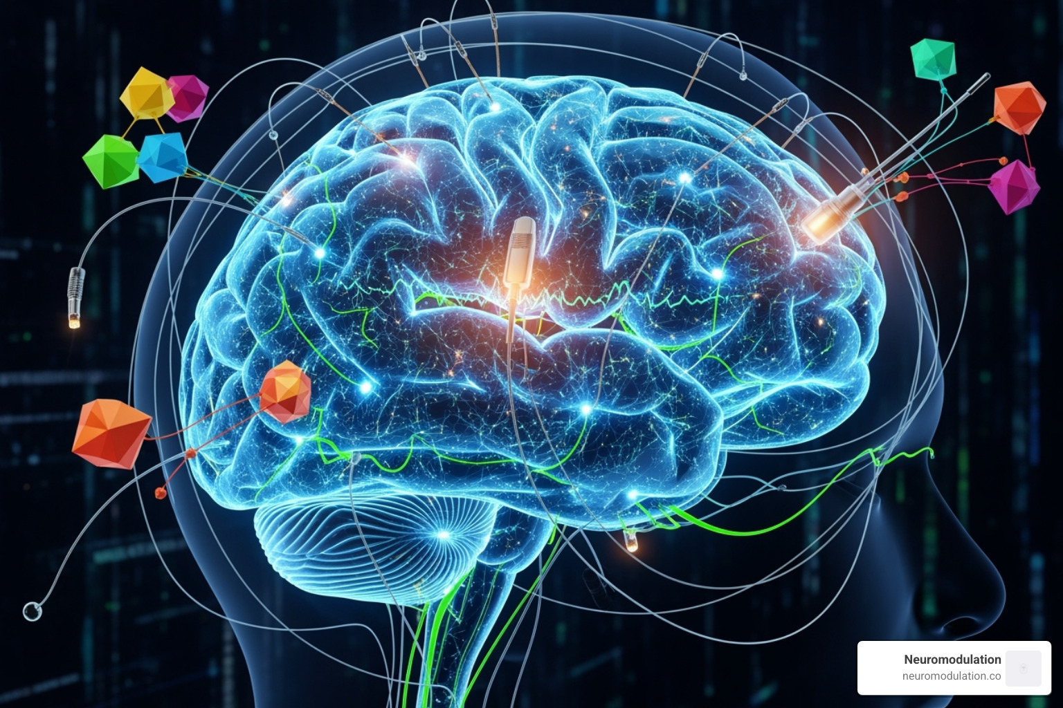 showing different locations for neuromodulation device placement (brain, spine, vagus nerve) - neuromodulation