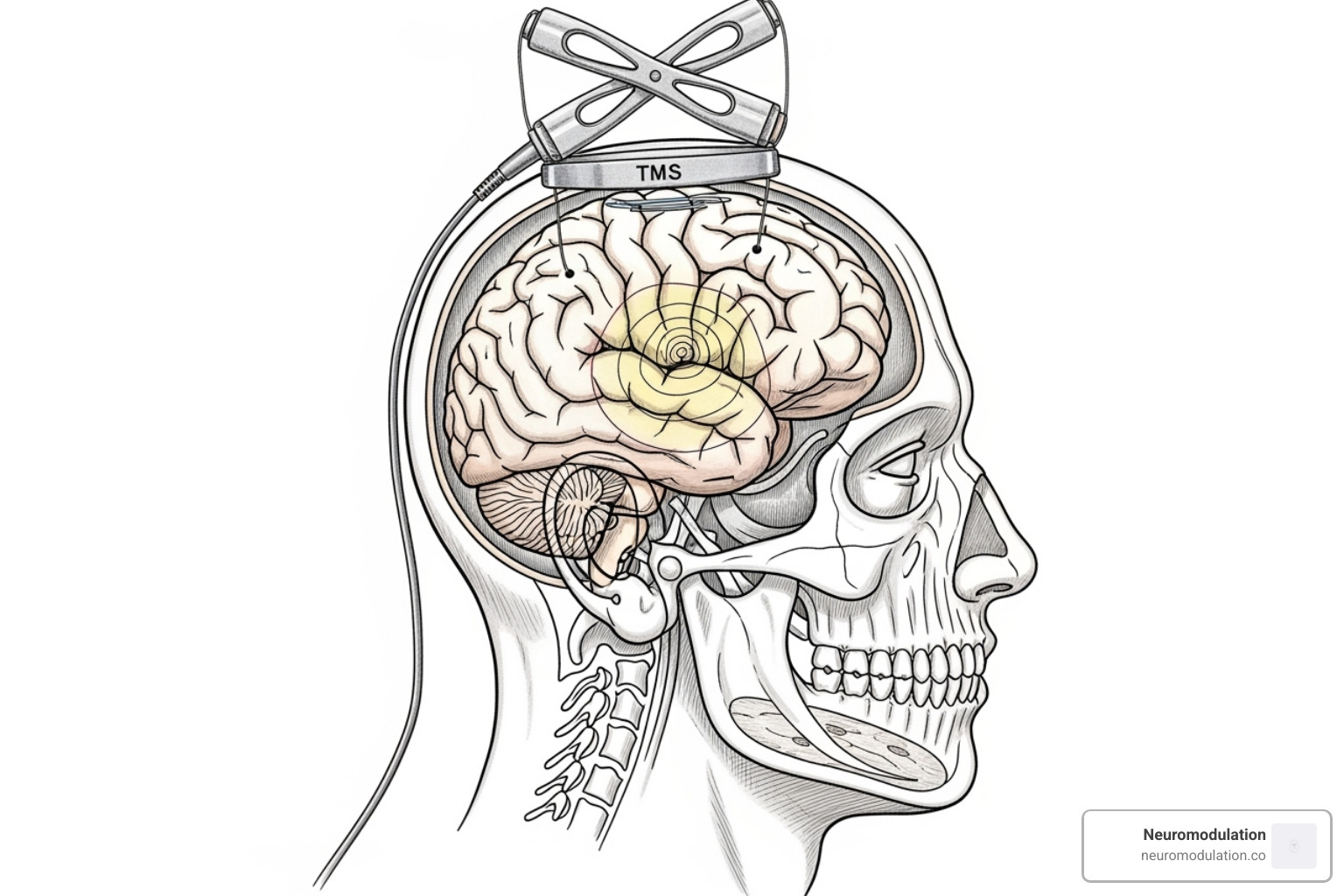 A diagram showing an electromagnetic coil over the prefrontal cortex - Is TMS good for anxiety?