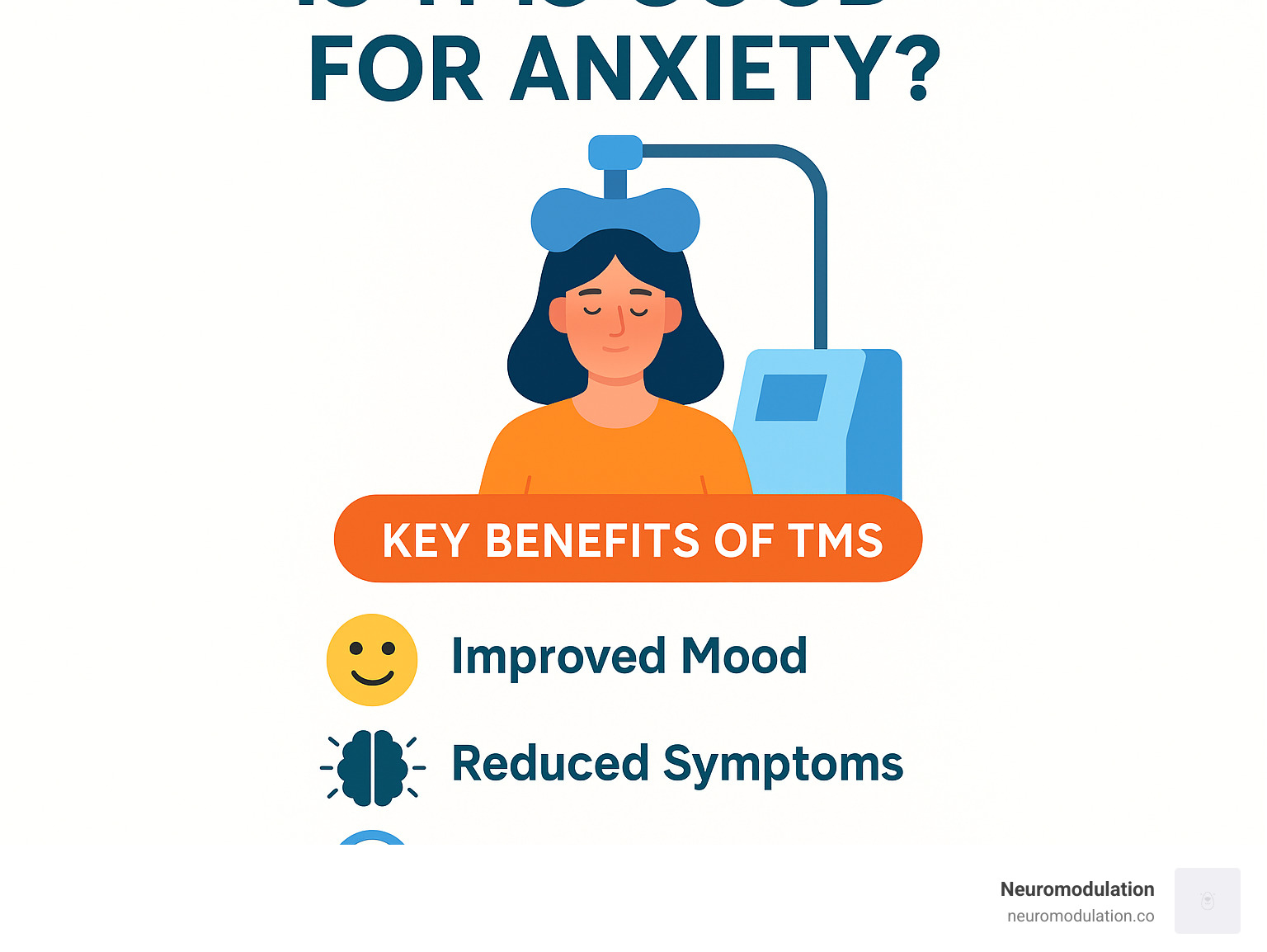 Infographic summarizing the key benefits of TMS for anxiety and depression, including improved mood, reduced symptoms, and a non-invasive approach - Is TMS good for anxiety? infographic 