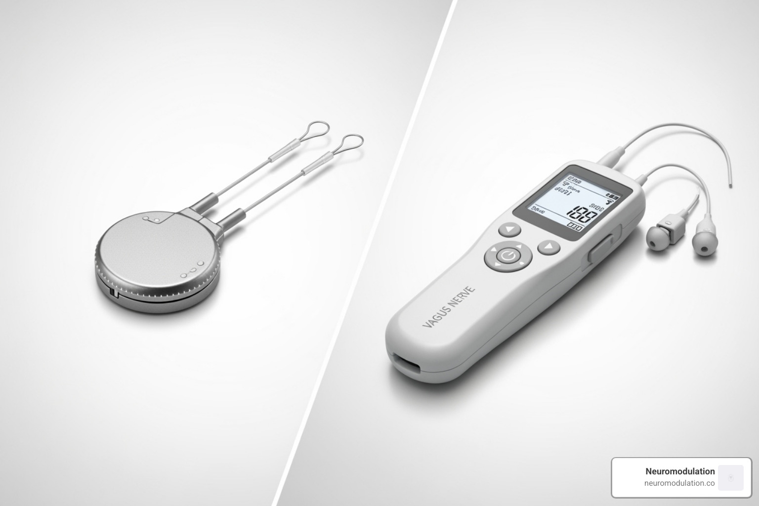 Images showing an implanted VNS device and a non-invasive transcutaneous VNS (tVNS) device - cranial nerve 10