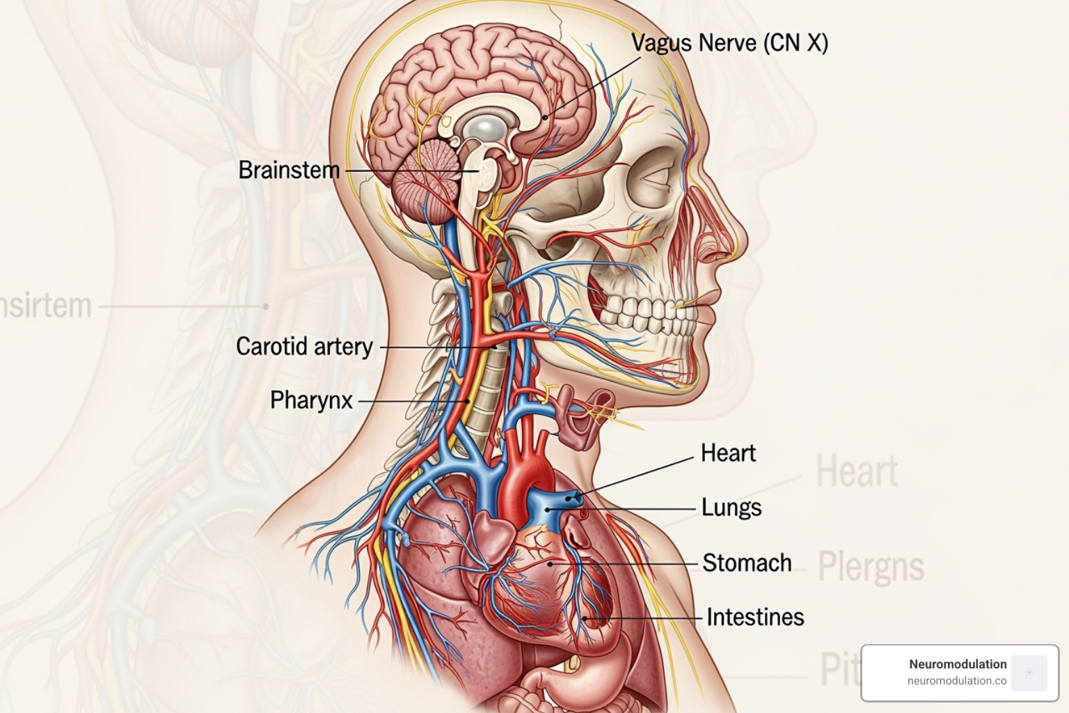 Anatomical illustration of the vagus nerve's full pathway - cranial nerve 10