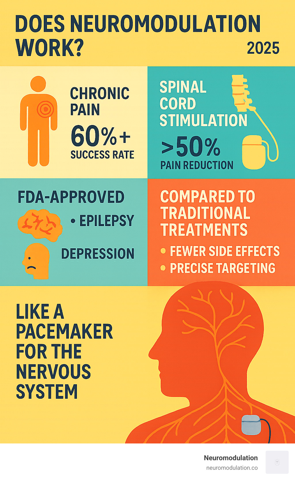 Comprehensive infographic showing neuromodulation effectiveness across different conditions: chronic pain (60%+ success rate), spinal cord stimulation outcomes (>50% pain reduction), FDA-approved applications including epilepsy and depression, comparison with traditional treatments showing reduced side effects and precise targeting, and visual representation of how neuromodulation works like a pacemaker for the nervous system - Does neuromodulation work? infographic 