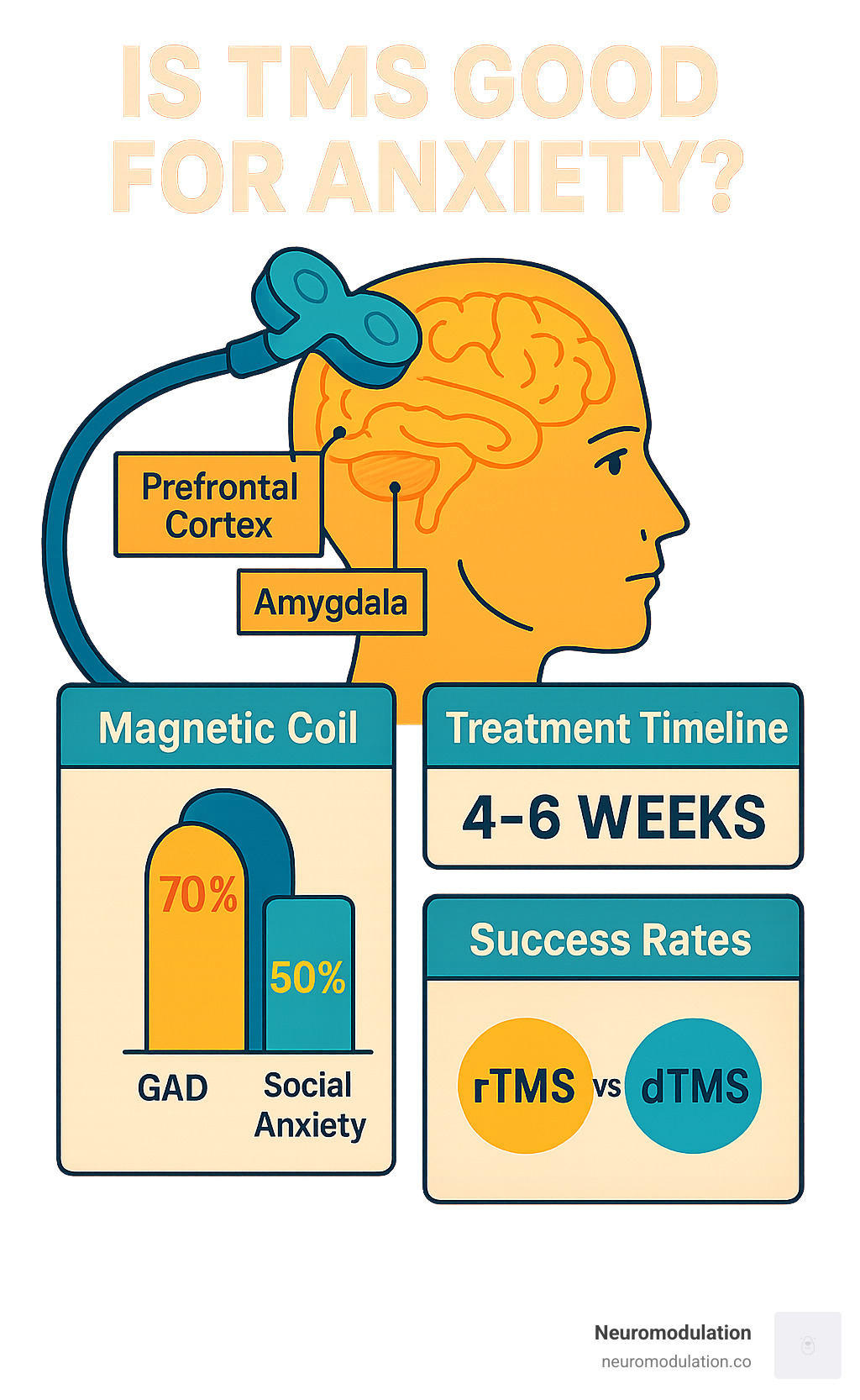 Comprehensive infographic showing TMS mechanism for anxiety treatment, including brain regions targeted (prefrontal cortex and amygdala), magnetic coil placement, treatment timeline of 4-6 weeks, success rates for different anxiety conditions, and comparison between rTMS and dTMS approaches - Is TMS good for anxiety? infographic 