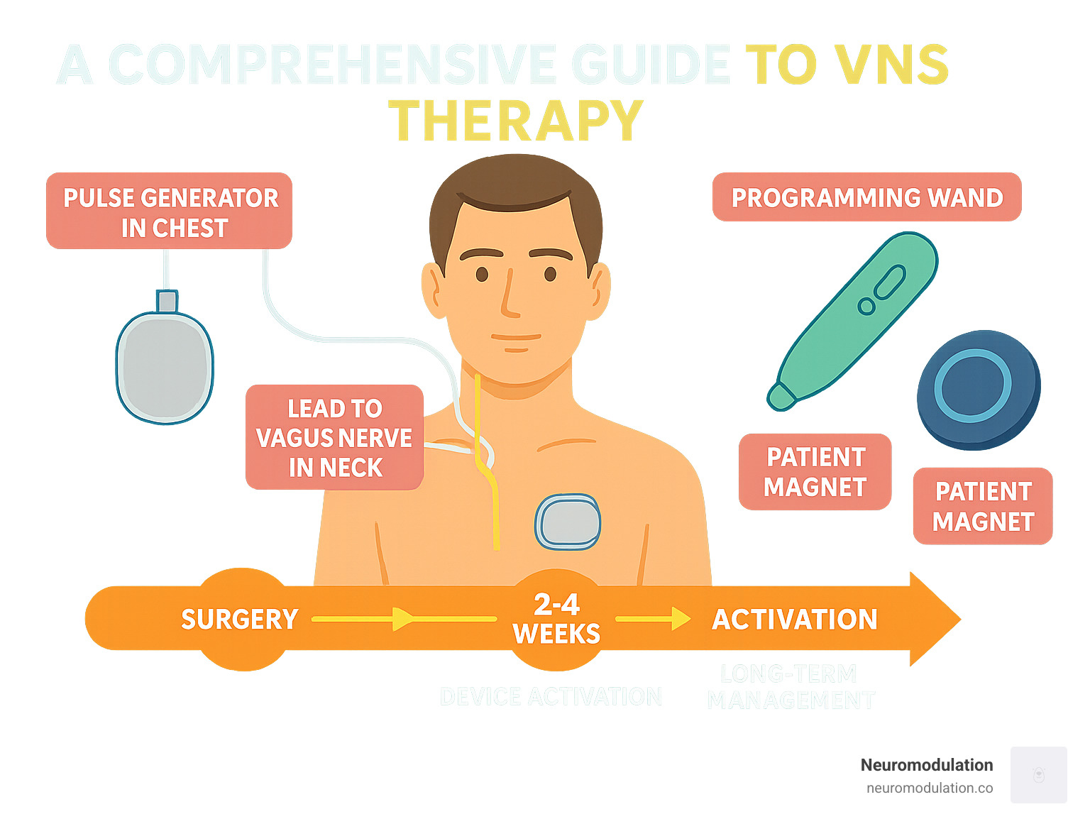 Comprehensive guide to VNS therapy components showing pulse generator placement in chest, lead wire connection to vagus nerve in neck, programming wand for device adjustments, patient magnet for emergency use, and timeline of activation process from surgery through long-term management - Living with VNS infographic Comprehensive guide to VNS therapy components showing pulse generator placement in chest, lead wire connection to vagus nerve in neck, programming wand for device adjustments, patient magnet for emergency use, and timeline of activation process from surgery through long-term management - Living with VNS infographic