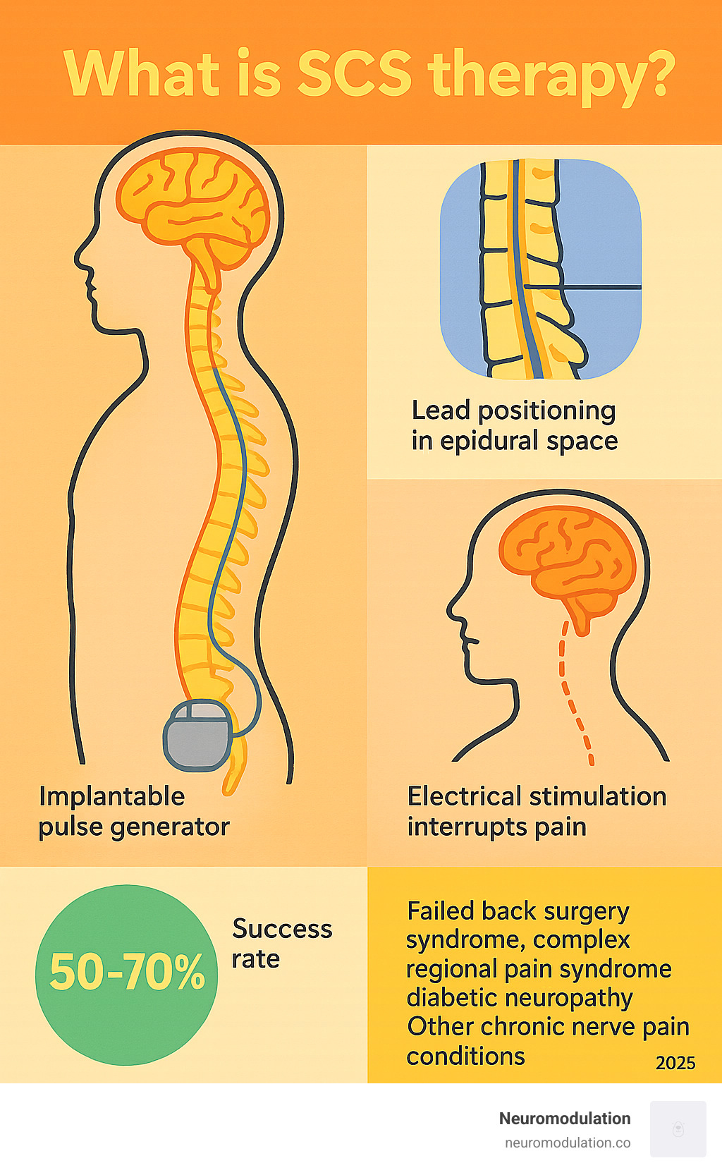 Comprehensive infographic showing SCS therapy components including implantable pulse generator placement, lead positioning in epidural space, pain signal pathway from spinal cord to brain, and how electrical stimulation interrupts pain transmission with statistics on success rates and conditions treated - What is SCS therapy? infographic 