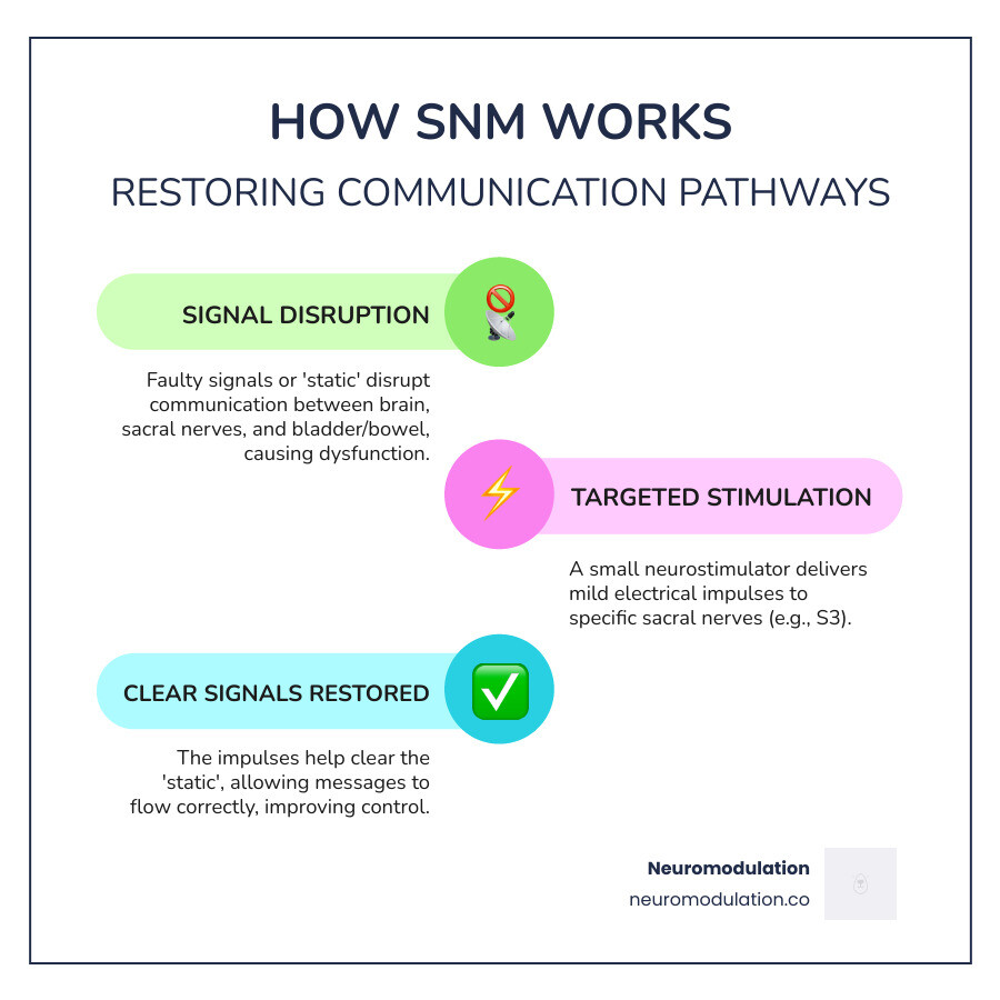 Infographic showing the pathway from brain to spinal cord to sacral nerves, with the neuromodulation device sending electrical signals to restore normal bladder and bowel communication - What is sacral neuromodulation? infographic infographic-line-3-steps-colors