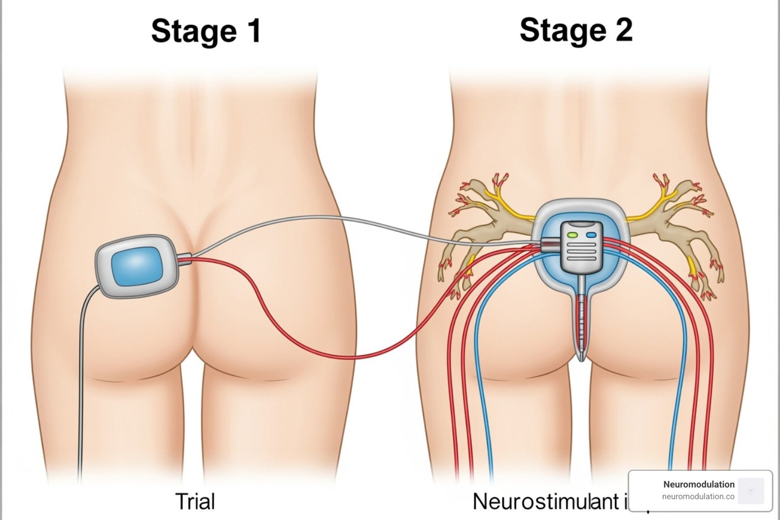 illustration of the two stages of the SNM procedure - What is sacral neuromodulation?