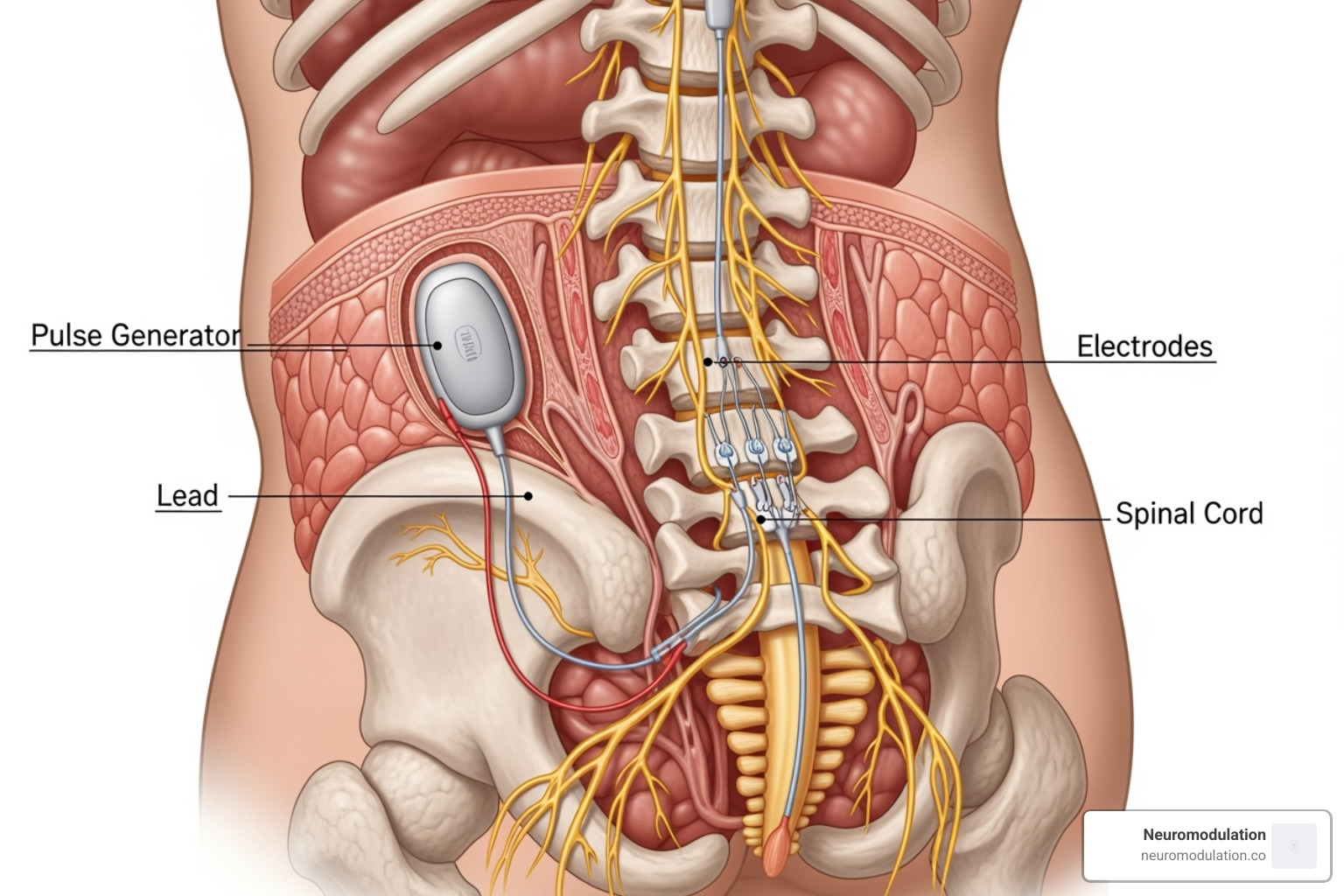 illustrating an implanted spinal cord stimulator system with its components: the pulse generator, the lead, and the electrodes near the spinal cord. - What is neuromodulation?