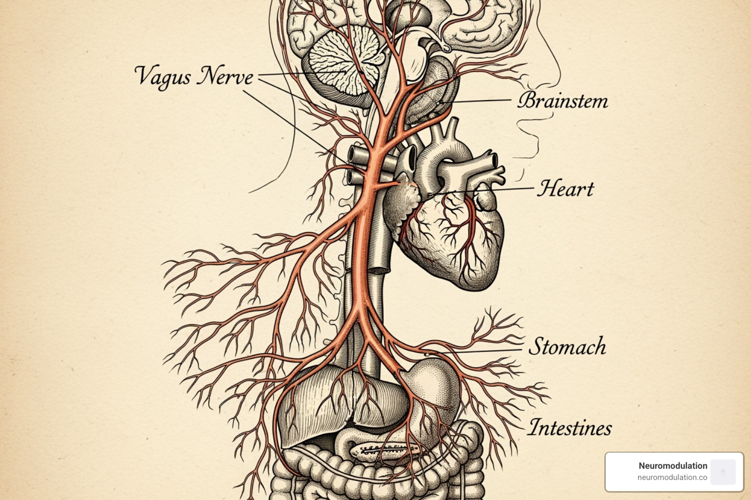 illustration of the connection between the vagus nerve, heart, gut, and brain - vagal tone