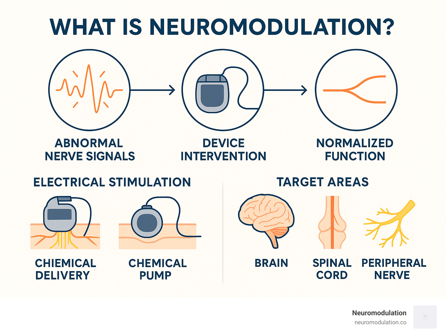 Comprehensive overview of neuromodulation showing the progression from abnormal nerve signals through device intervention to normalized function, including examples of electrical stimulation devices like spinal cord stimulators and chemical delivery systems like intrathecal pumps, with visual representations of target areas in the brain, spinal cord, and peripheral nerves - What is neuromodulation? infographic 