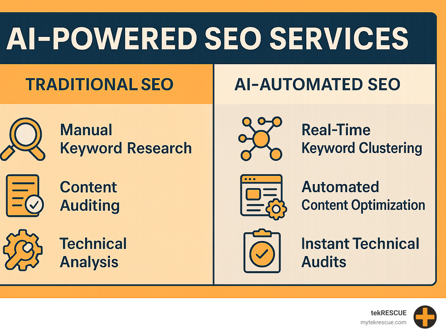 Infographic showing the comparison between traditional SEO tasks like manual keyword research, content auditing, and technical analysis versus AI-automated SEO tasks including real-time keyword clustering, automated content optimization, instant technical audits, and predictive ranking analysis - AI powered SEO services infographic 