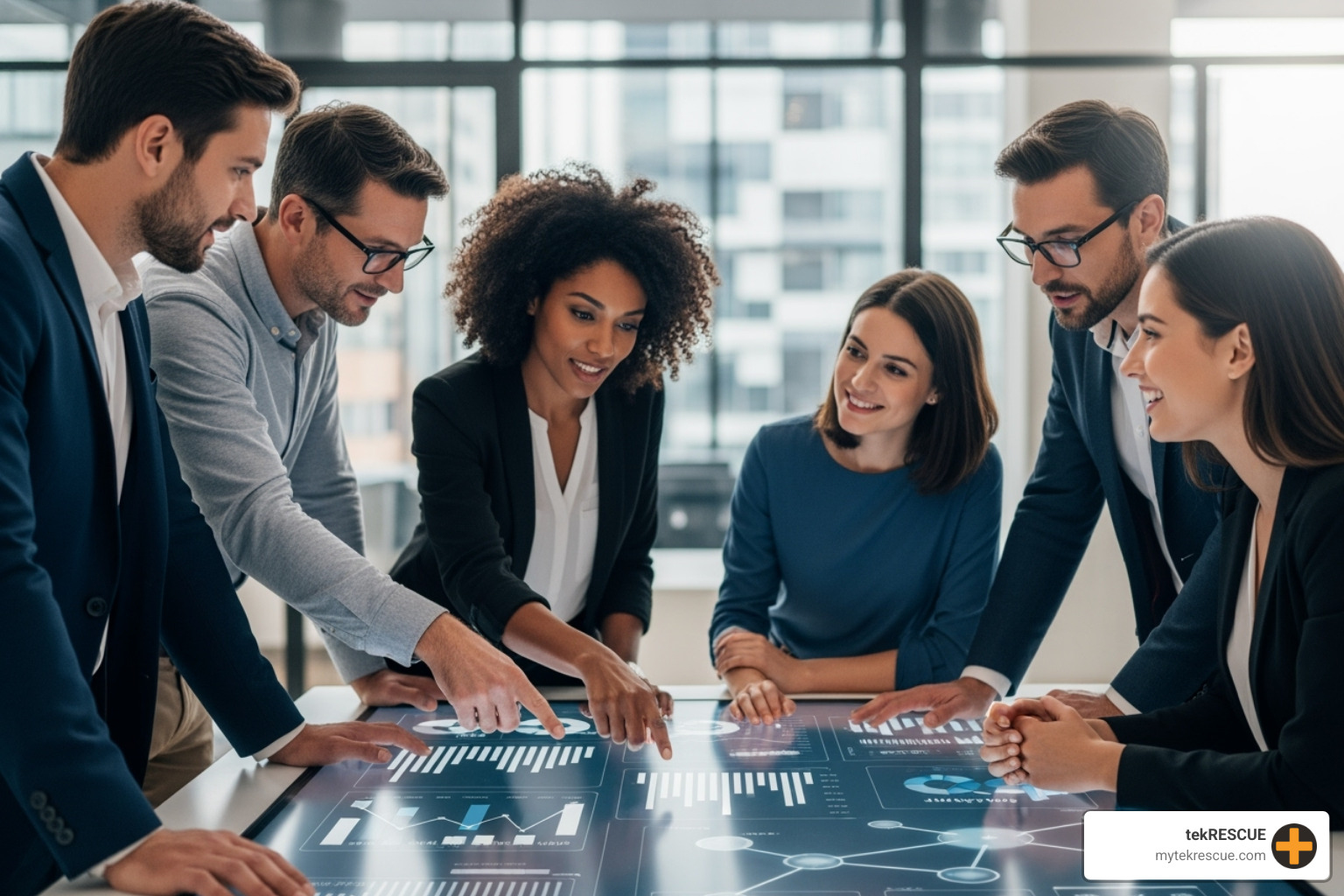 A diverse business team collaborating seamlessly over a digital interface, with growth charts and analytics data displayed, symbolizing strategic partnership and future-proofing in the digital age - AI powered SEO services