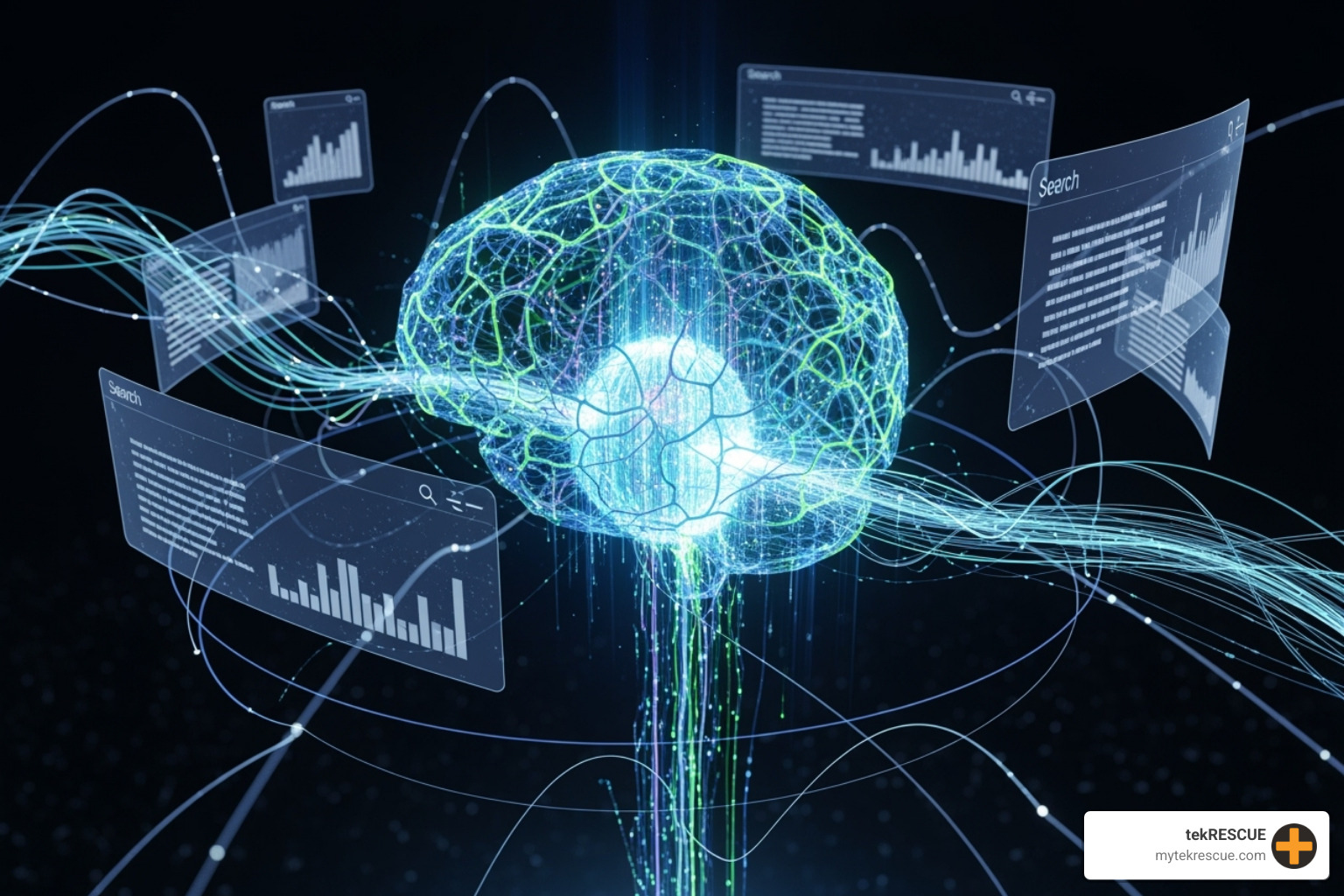Imaginative Screenshot of Google's AI mind creating SERPs that are featuring AI Overviews