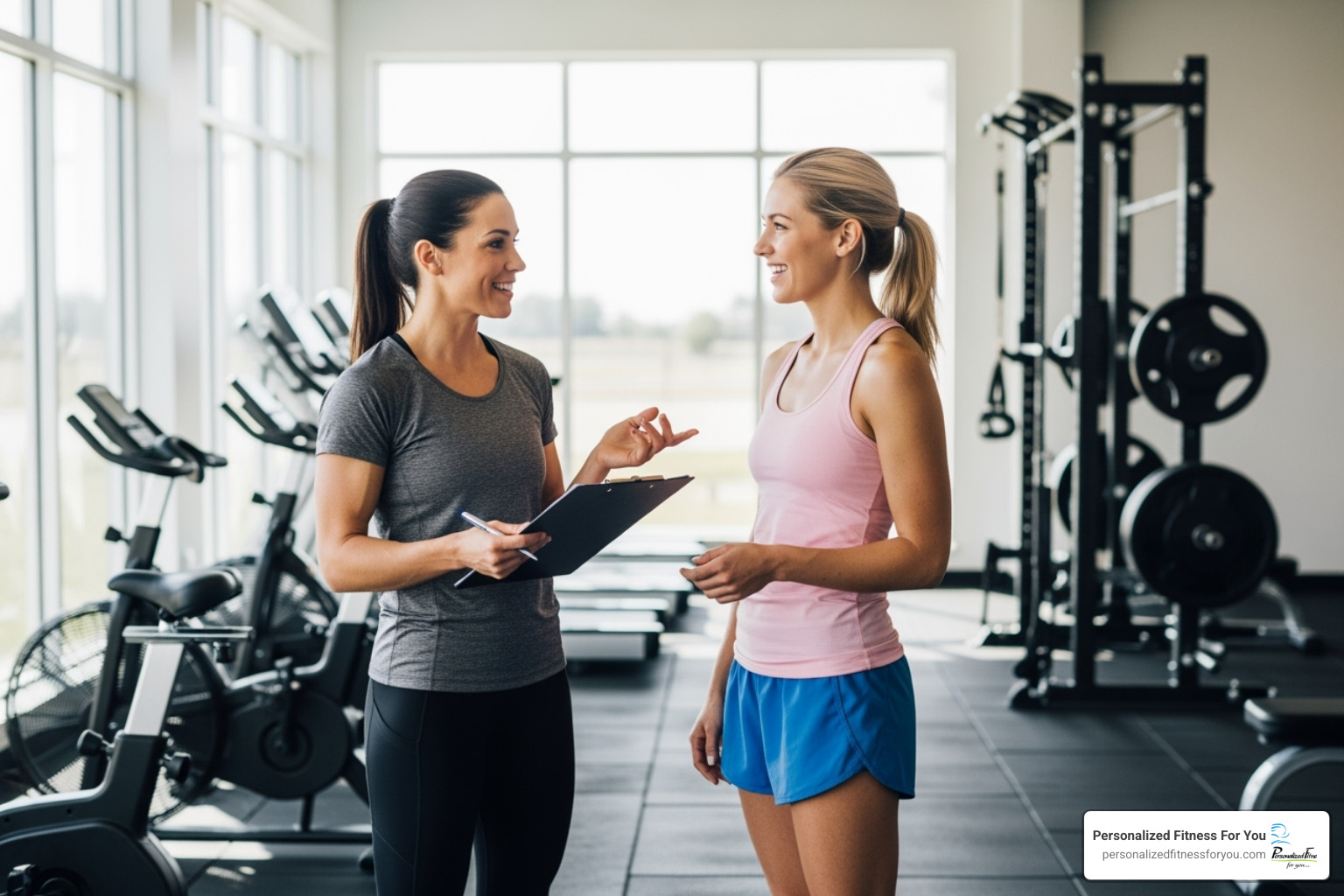 a trainer and client discussing goals with a clipboard - personalized fitness training a trainer and client discussing goals with a clipboard - personalized fitness training