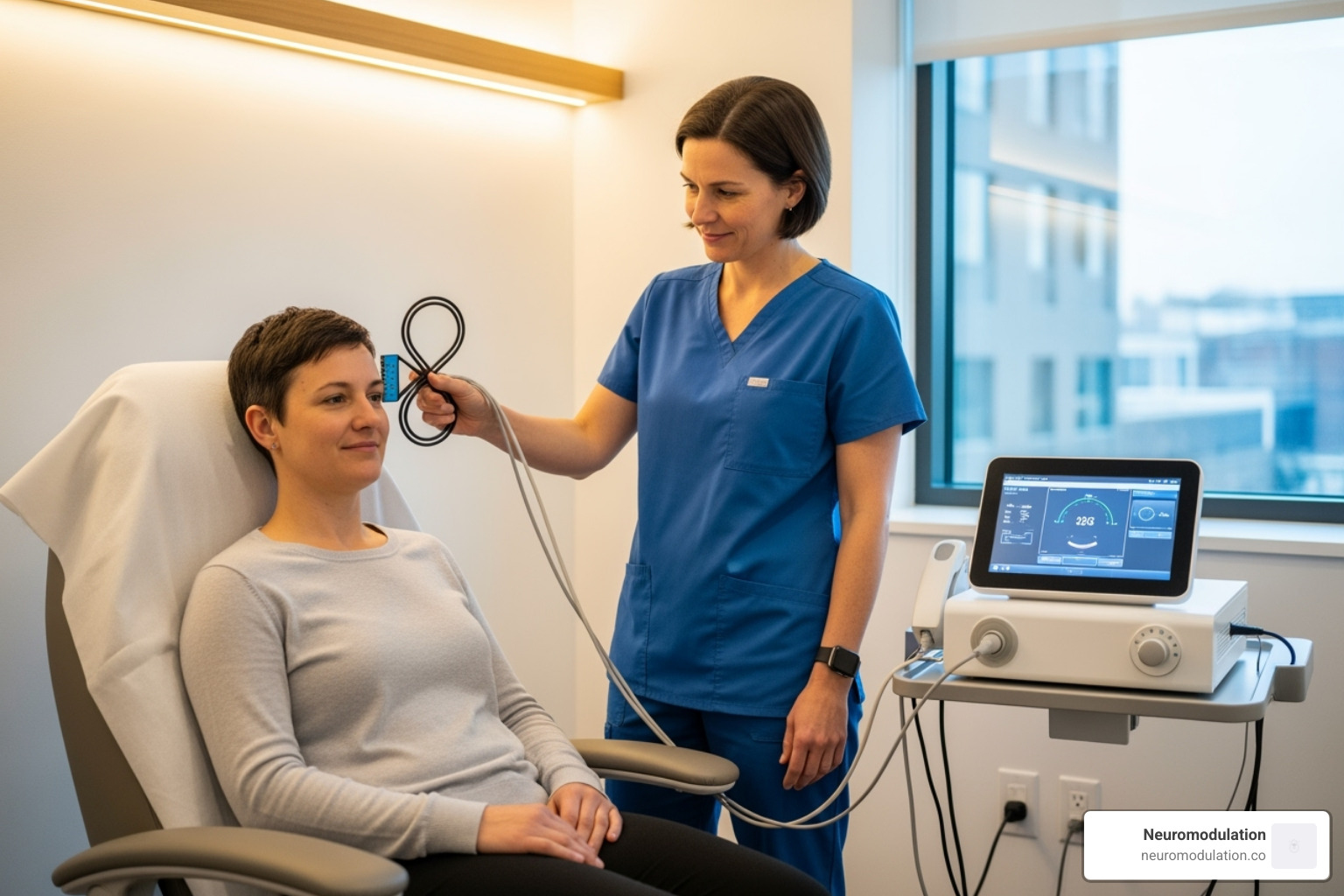 Patient receiving Transcranial Magnetic Stimulation (TMS) - Neuromodulation Questions Patient receiving Transcranial Magnetic Stimulation (TMS) - Neuromodulation Questions