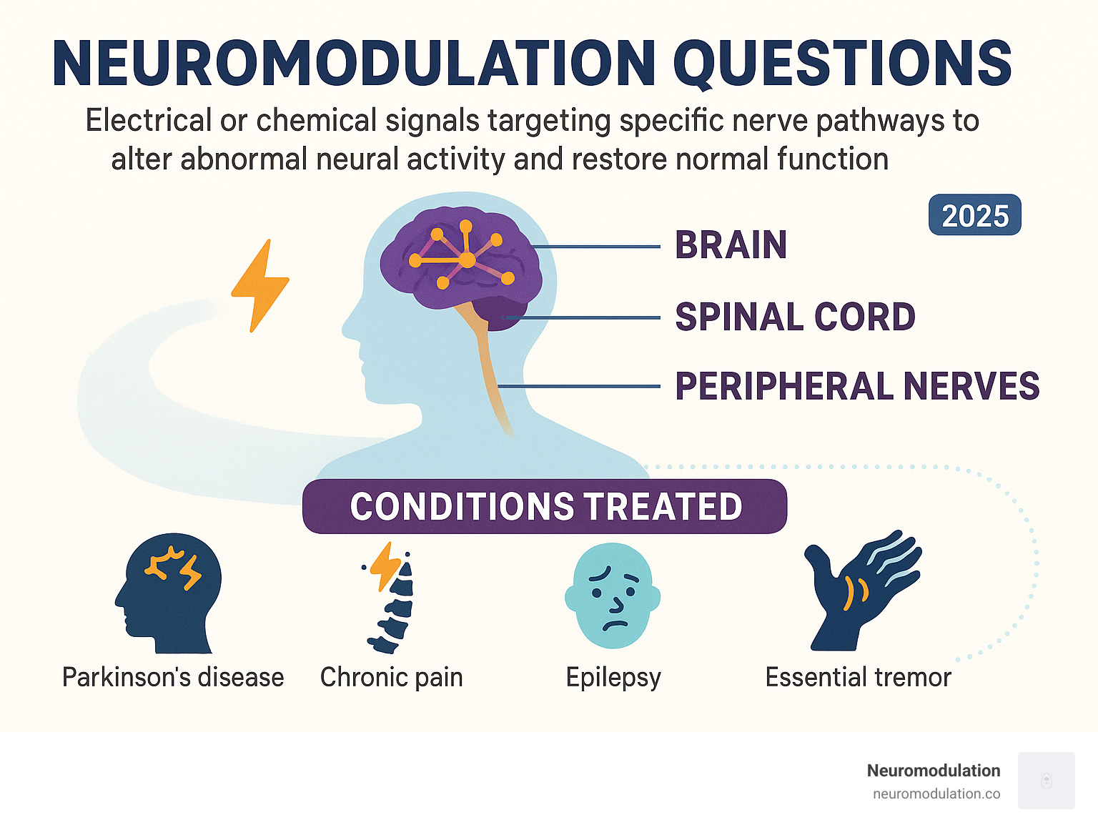 Detailed infographic showing the basic concept of neuromodulation: electrical or chemical signals targeting specific nerve pathways in the brain, spinal cord, and peripheral nerves to alter abnormal neural activity and restore normal function, with examples of common conditions treated - Neuromodulation Questions infographic Detailed infographic showing the basic concept of neuromodulation: electrical or chemical signals targeting specific nerve pathways in the brain, spinal cord, and peripheral nerves to alter abnormal neural activity and restore normal function, with examples of common conditions treated - Neuromodulation Questions infographic