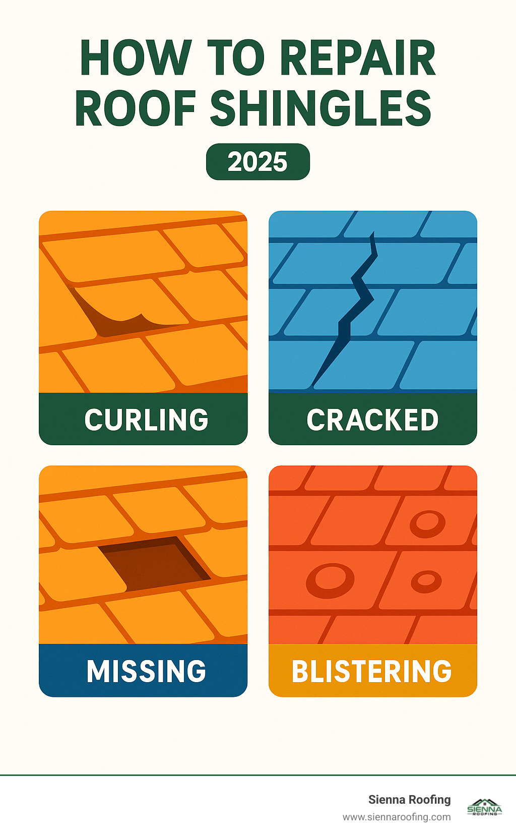 Infographic showing the four most common types of shingle damage: curling corners with upward lifting edges, cracked shingles with visible splits, missing shingles showing gaps in roof coverage, and blistering shingles with bubble-like raised areas - how to repair roof shingles infographic