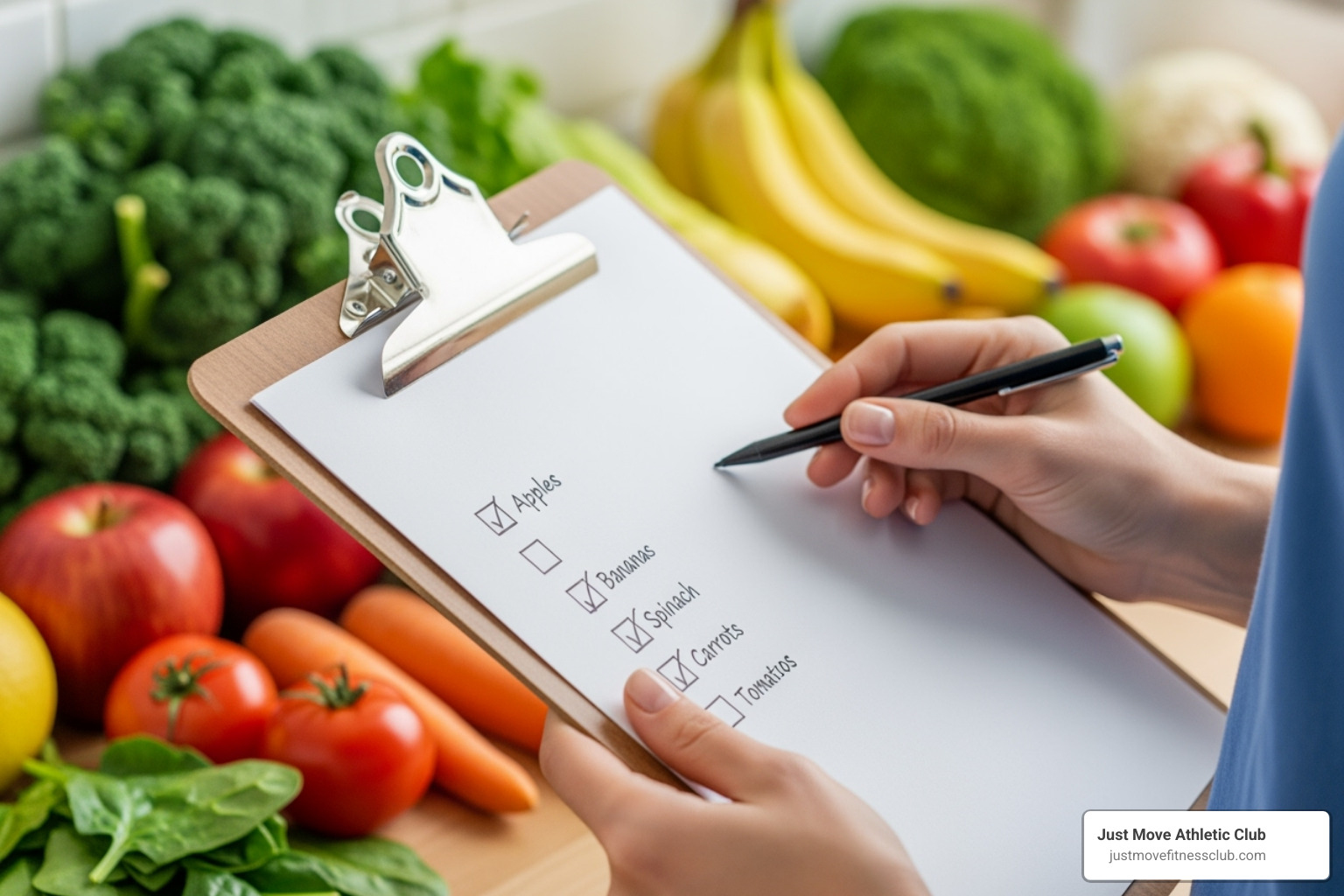 a person making a checklist on a clipboard with healthy food in the background - diet programs for weight loss