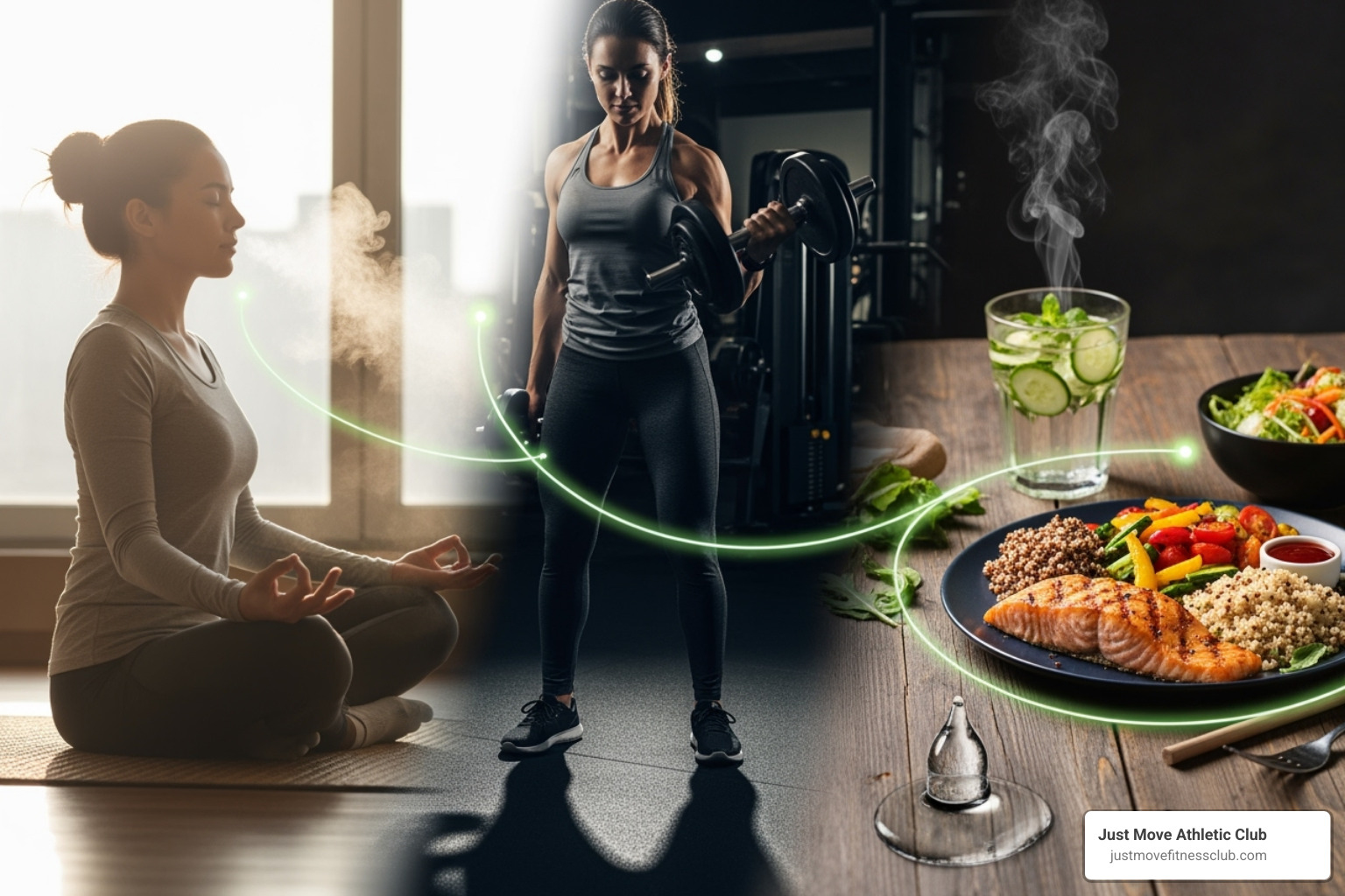 a person meditating, another person lifting weights, and a healthy meal, all connected - diet programs for weight loss