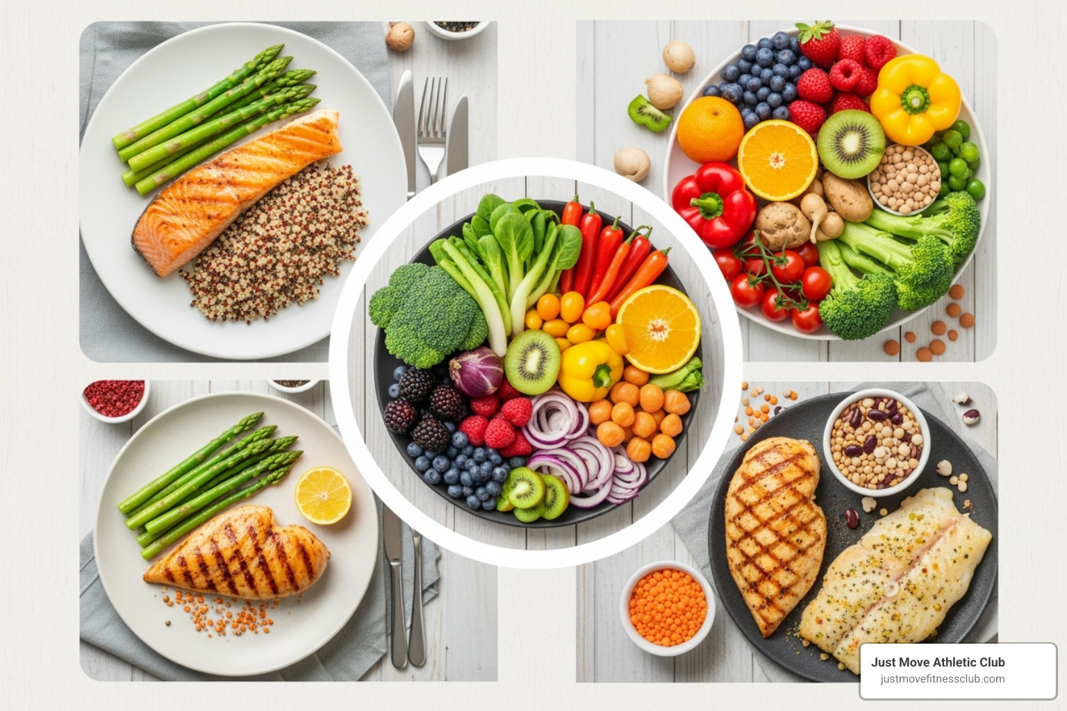 a collage showing different food types representing various healthy eating patterns (e.g., balanced meals, colorful produce, lean proteins) - diet programs for weight loss