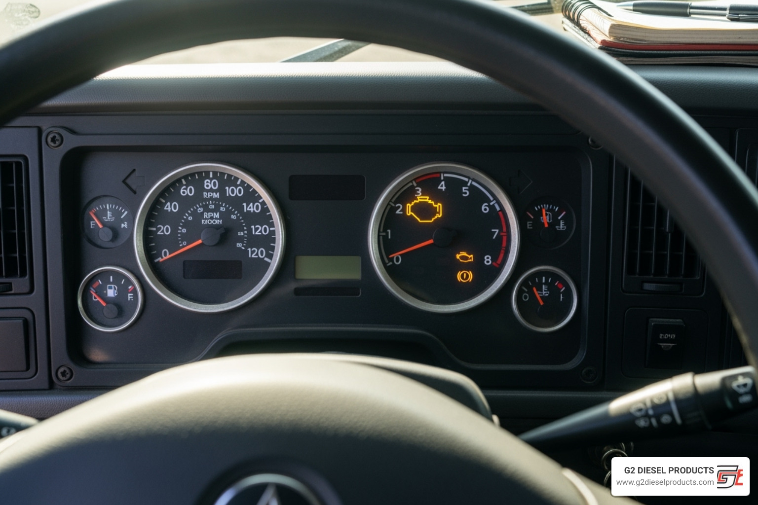 A truck's dashboard with the check engine light illuminated, signaling a potential engine issue - Fuel injector replacement parts
