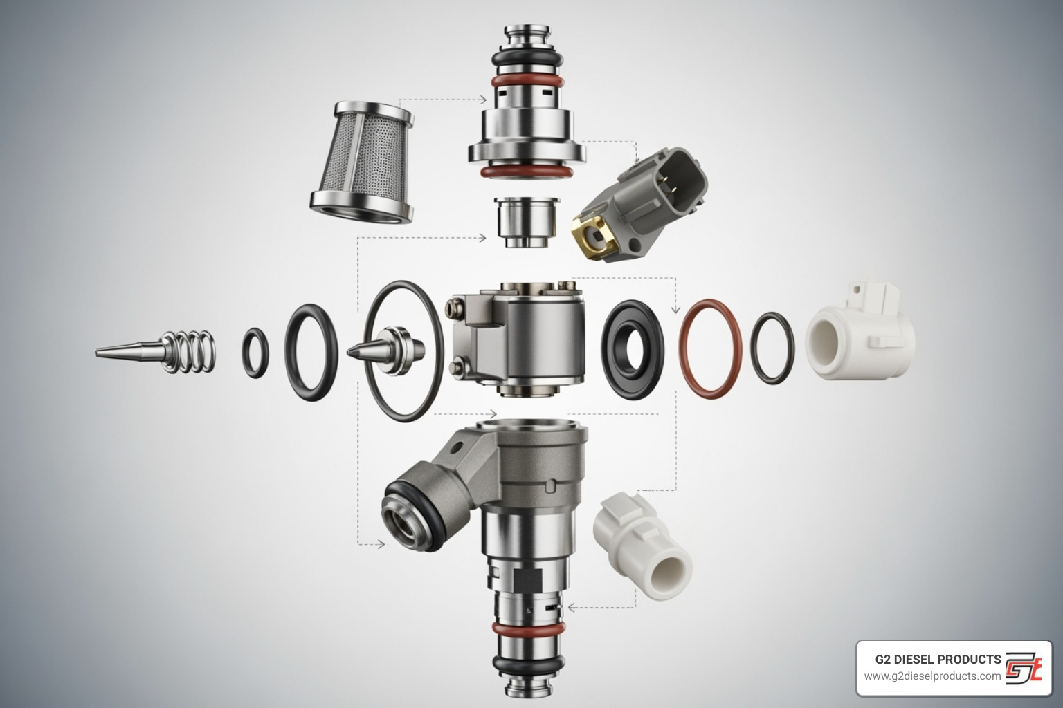 An exploded view of a fuel injector, labeling each individual component like the o-ring, filter basket, pintle cap, and body - Fuel injector replacement parts