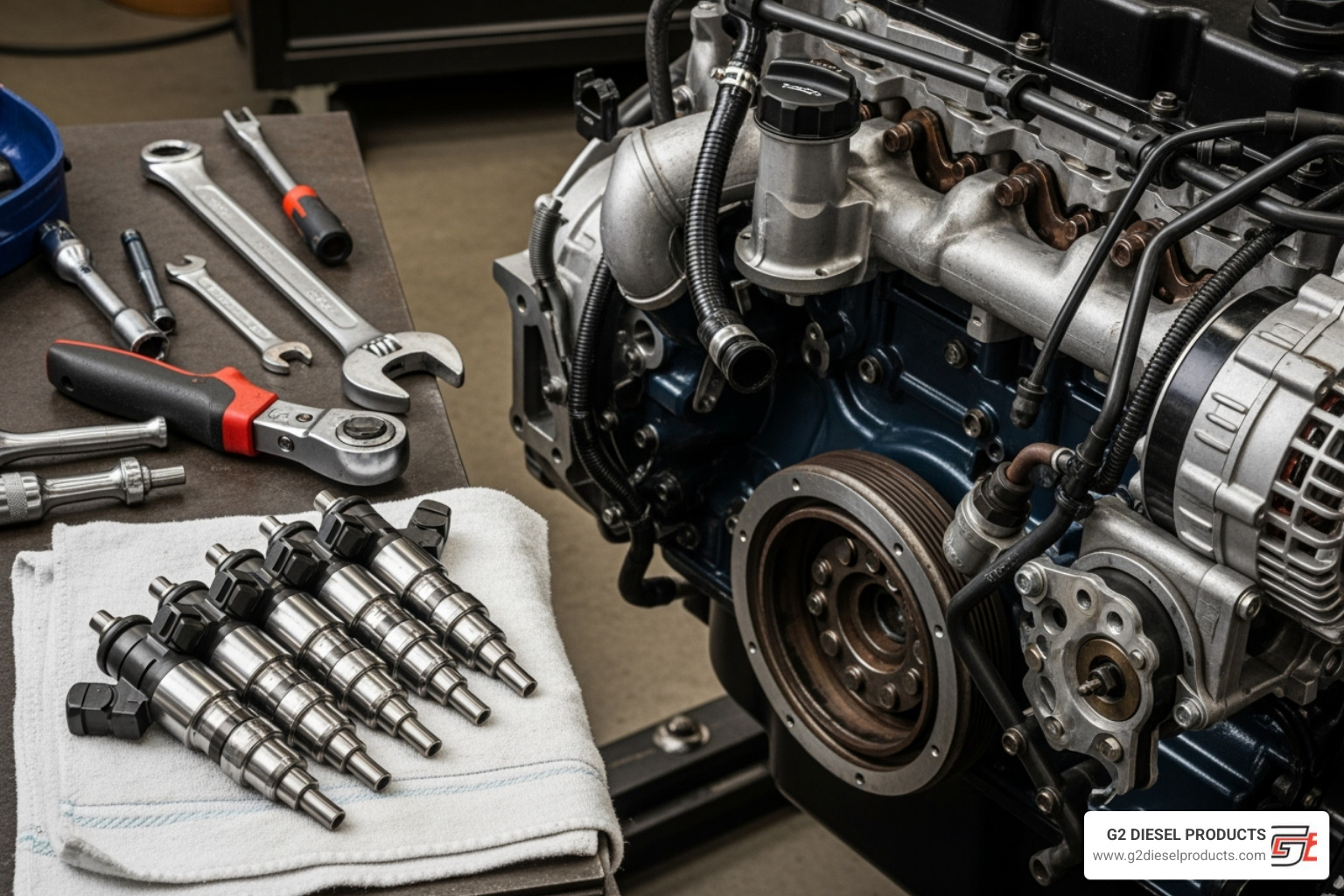 High-quality diesel fuel injector replacement parts ready for installation in a heavy-duty truck engine - Fuel injector replacement parts