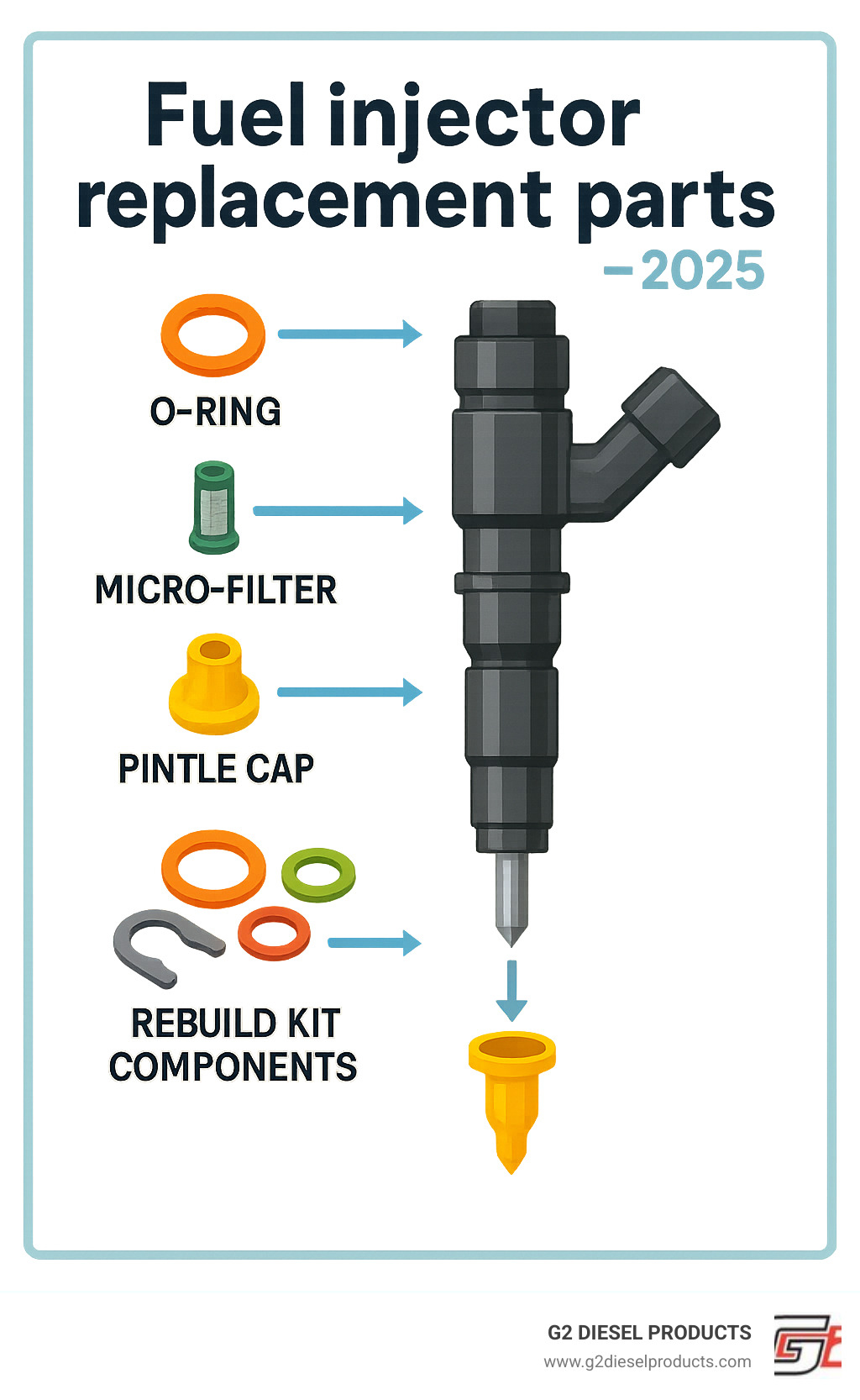 Detailed breakdown of fuel injector replacement parts including O-rings, filters, pintle caps, and rebuild kit components with arrows showing proper installation sequence - Fuel injector replacement parts infographic 