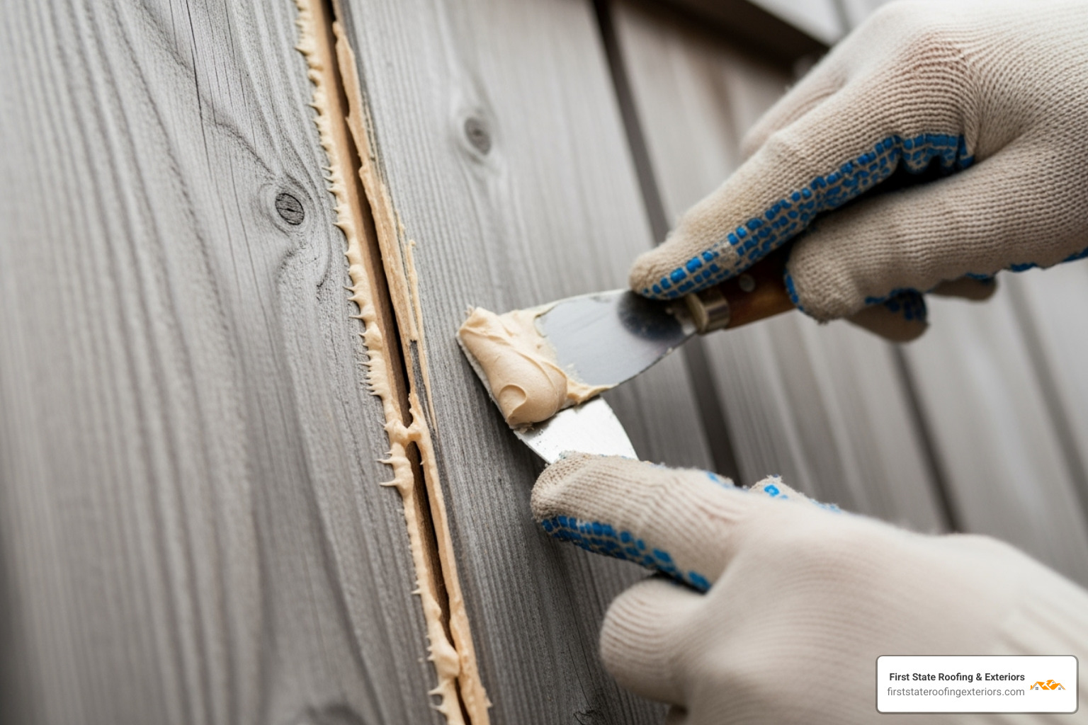 applying wood filler to a cracked wood siding panel - exterior siding repair