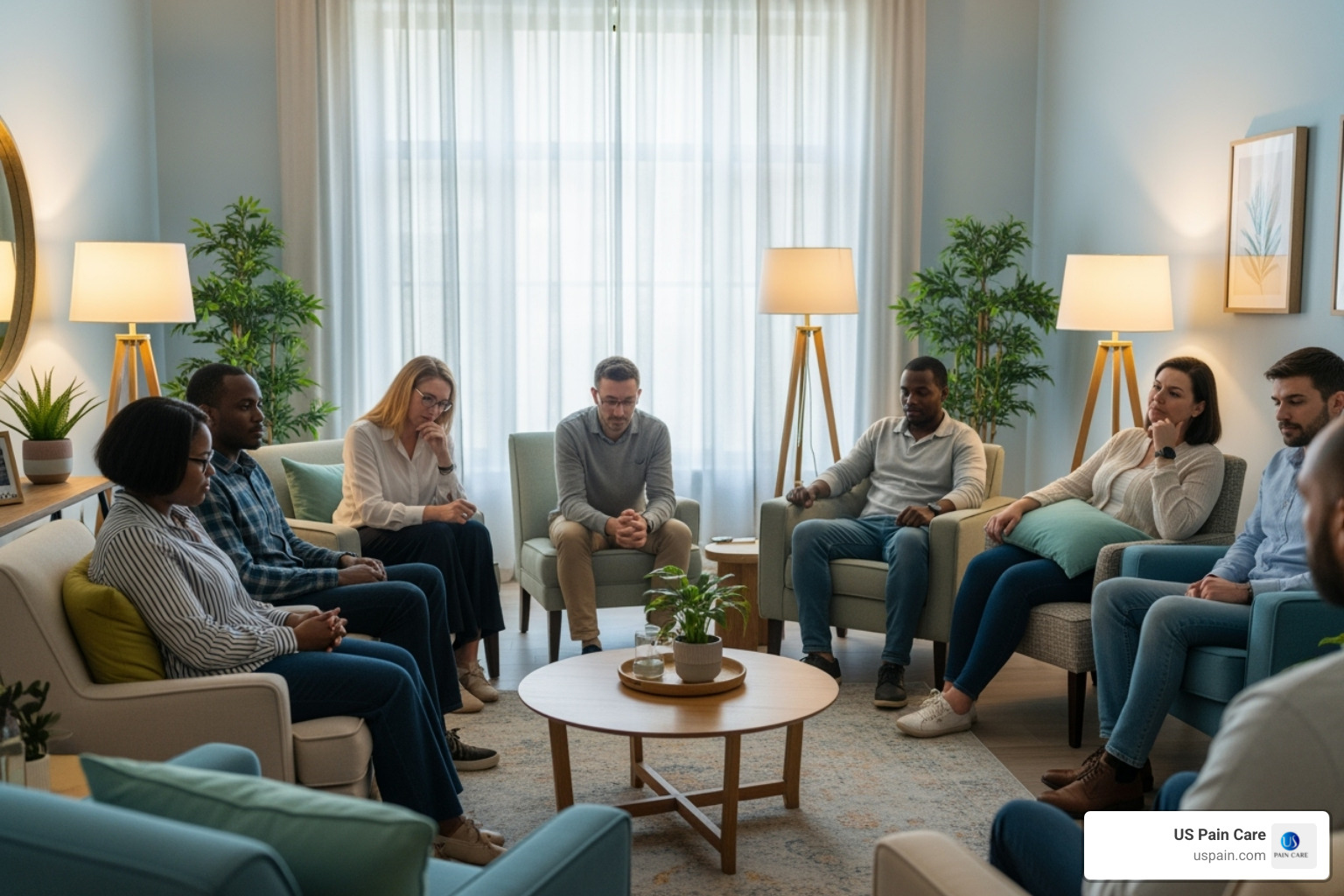Diverse group of people in a calm therapy setting - addiction recovery options