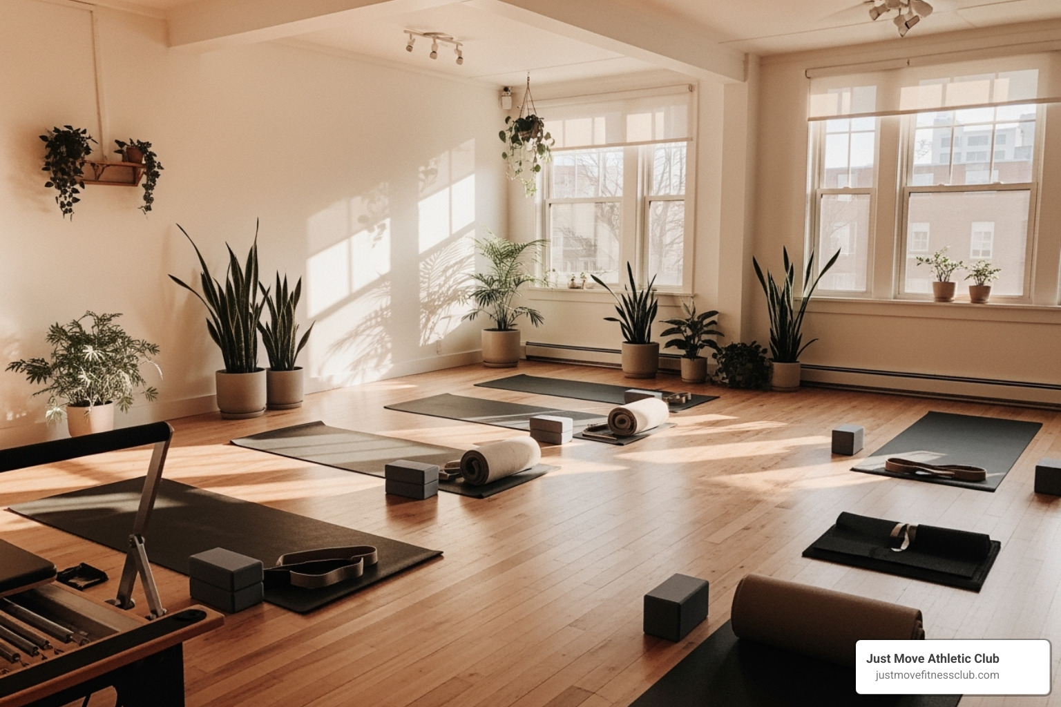 A serene yoga and Pilates studio setting with natural light and minimalist decor - fitness classes winter haven