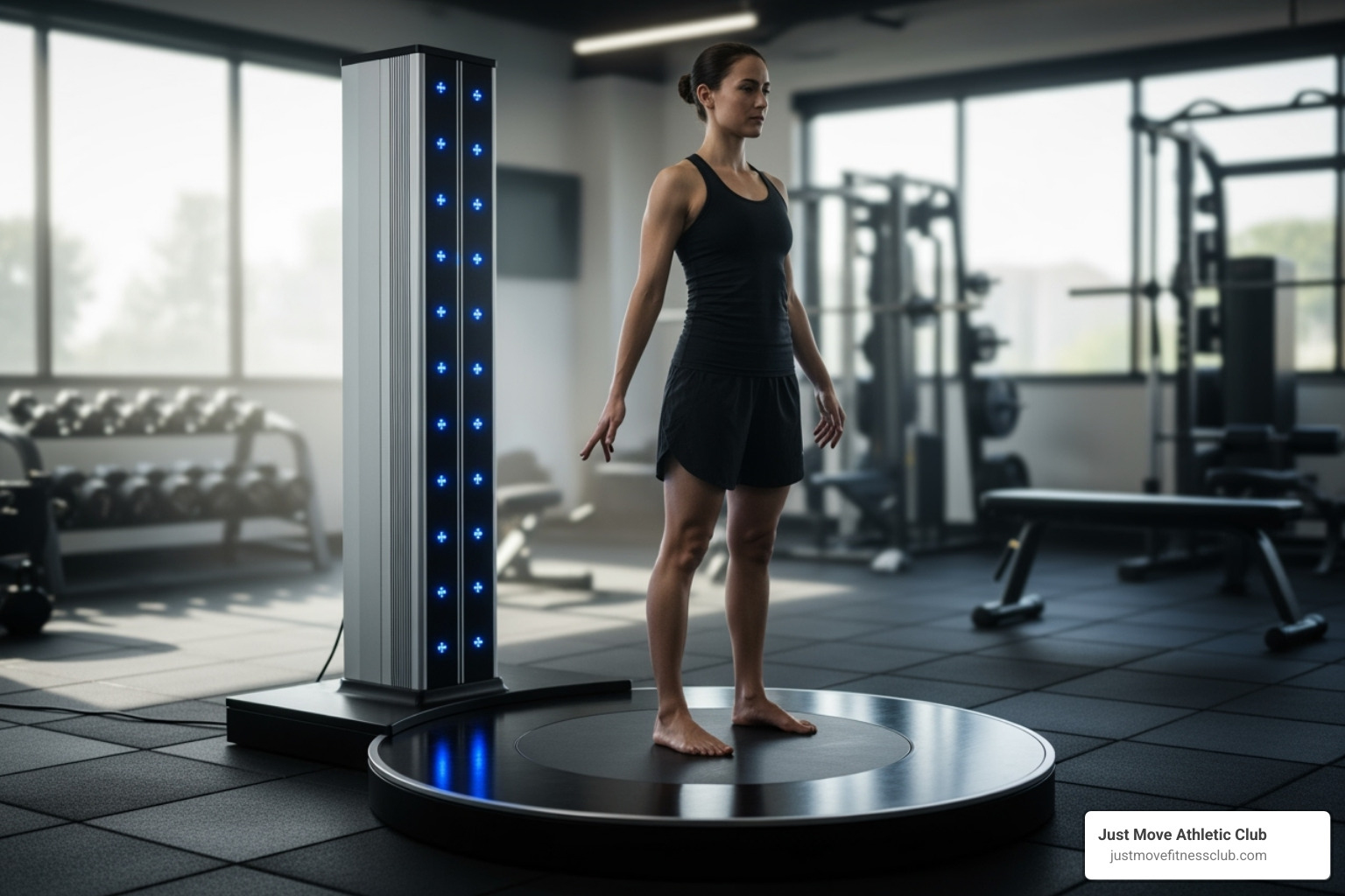 A modern gym amenity like a 3D body scanner in use, showing a person on the platform - fitness classes winter haven