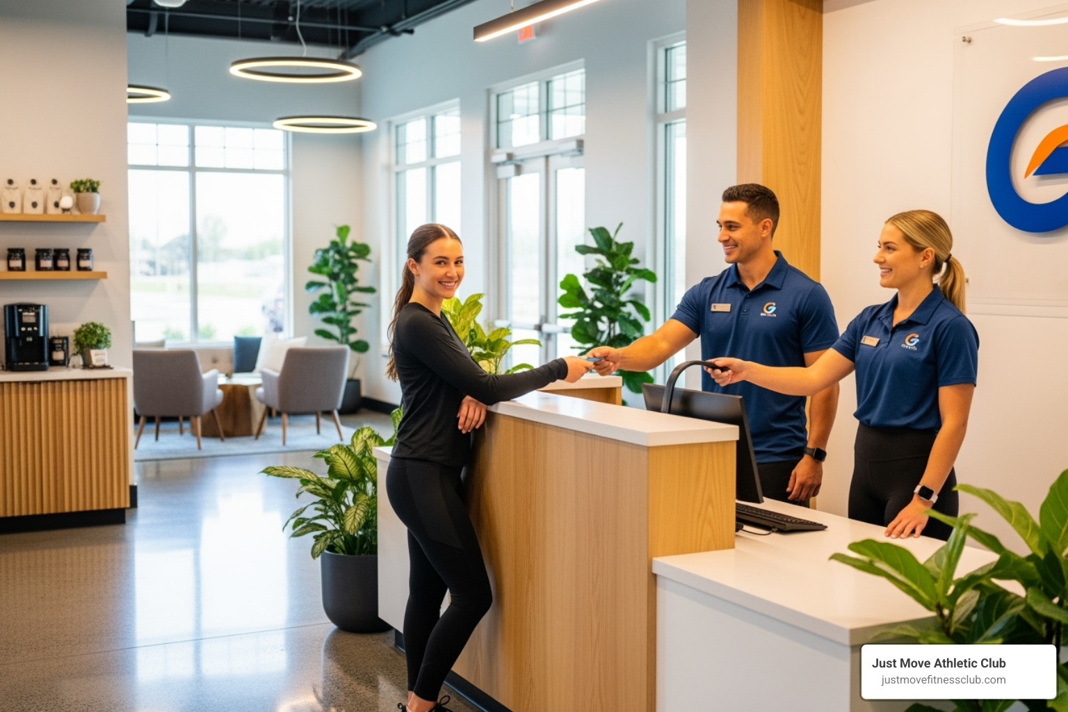 A welcoming gym entrance or front desk, with friendly staff and a bright, inviting atmosphere - fitness classes winter haven