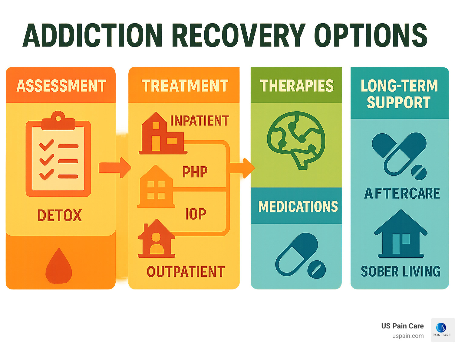 Comprehensive infographic showing the continuum of addiction recovery care from initial assessment through detox, various treatment levels (inpatient, PHP, IOP, outpatient), therapeutic interventions, medication options, and long-term support systems including aftercare and sober living - addiction recovery options infographic
