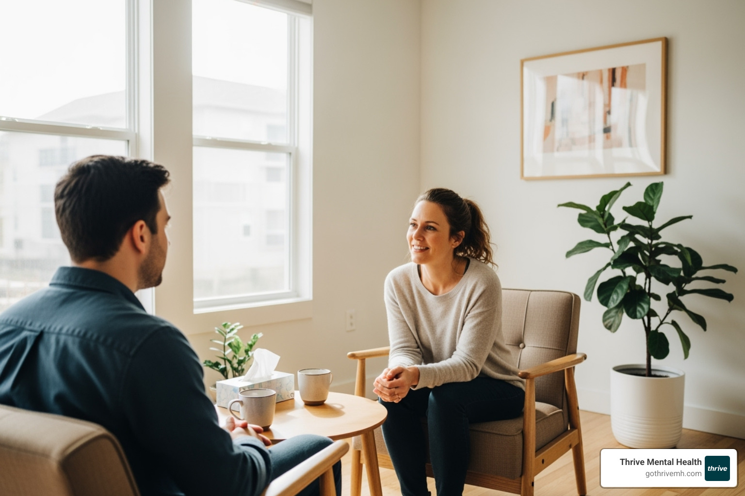 A therapist talking with a patient one-on-one in a bright room - PHP mental health services