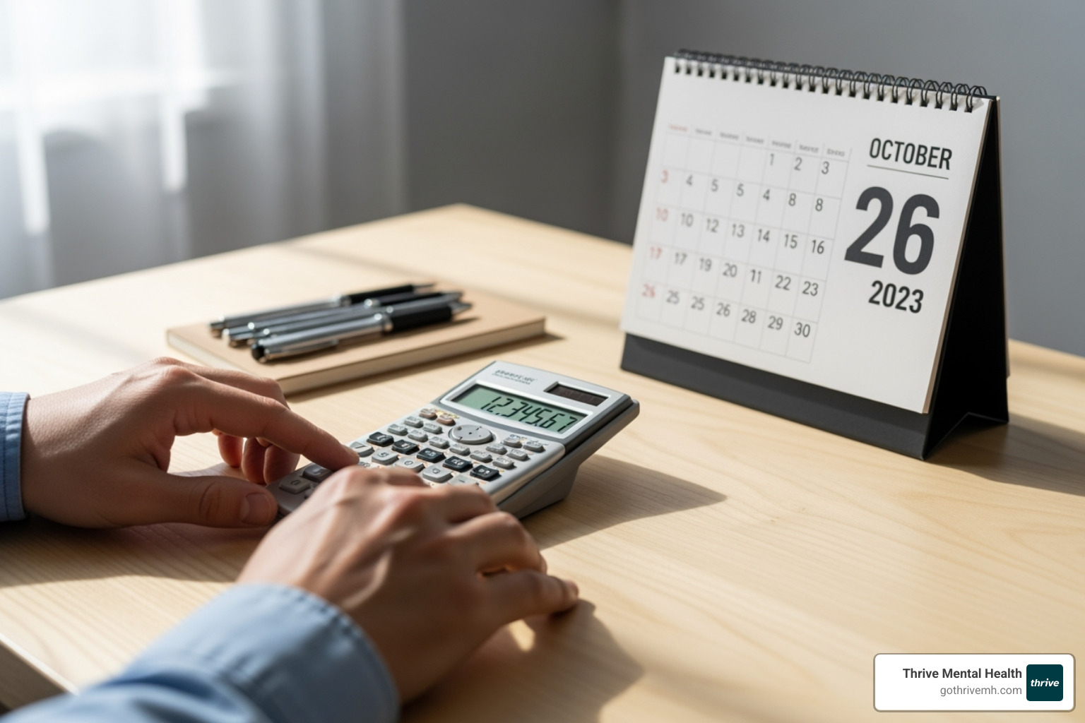 A person using a calculator next to a calendar marked with "Open Enrollment" - individual health insurance