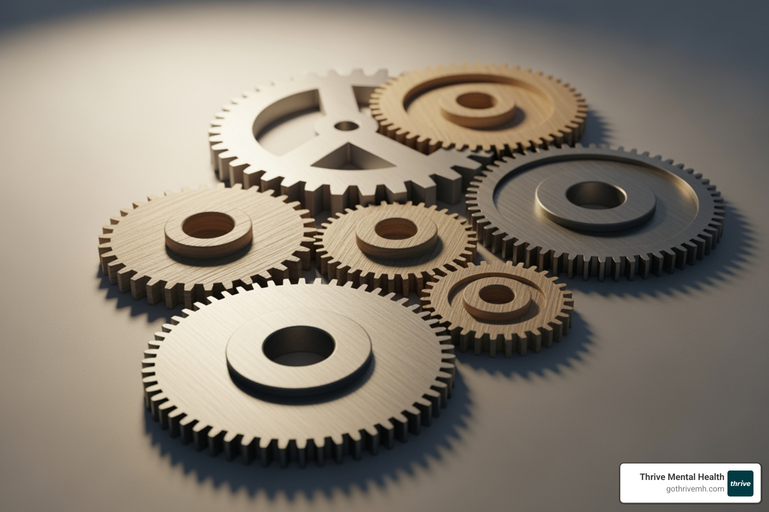 Illustrating interconnected factors like gears (mental health, life events, biology) - Passive Suicidal Ideation