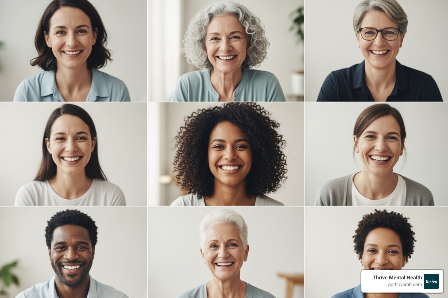 Diverse group of people in a virtual meeting grid, smiling and engaged, demonstrating connection and community - virtual iop program