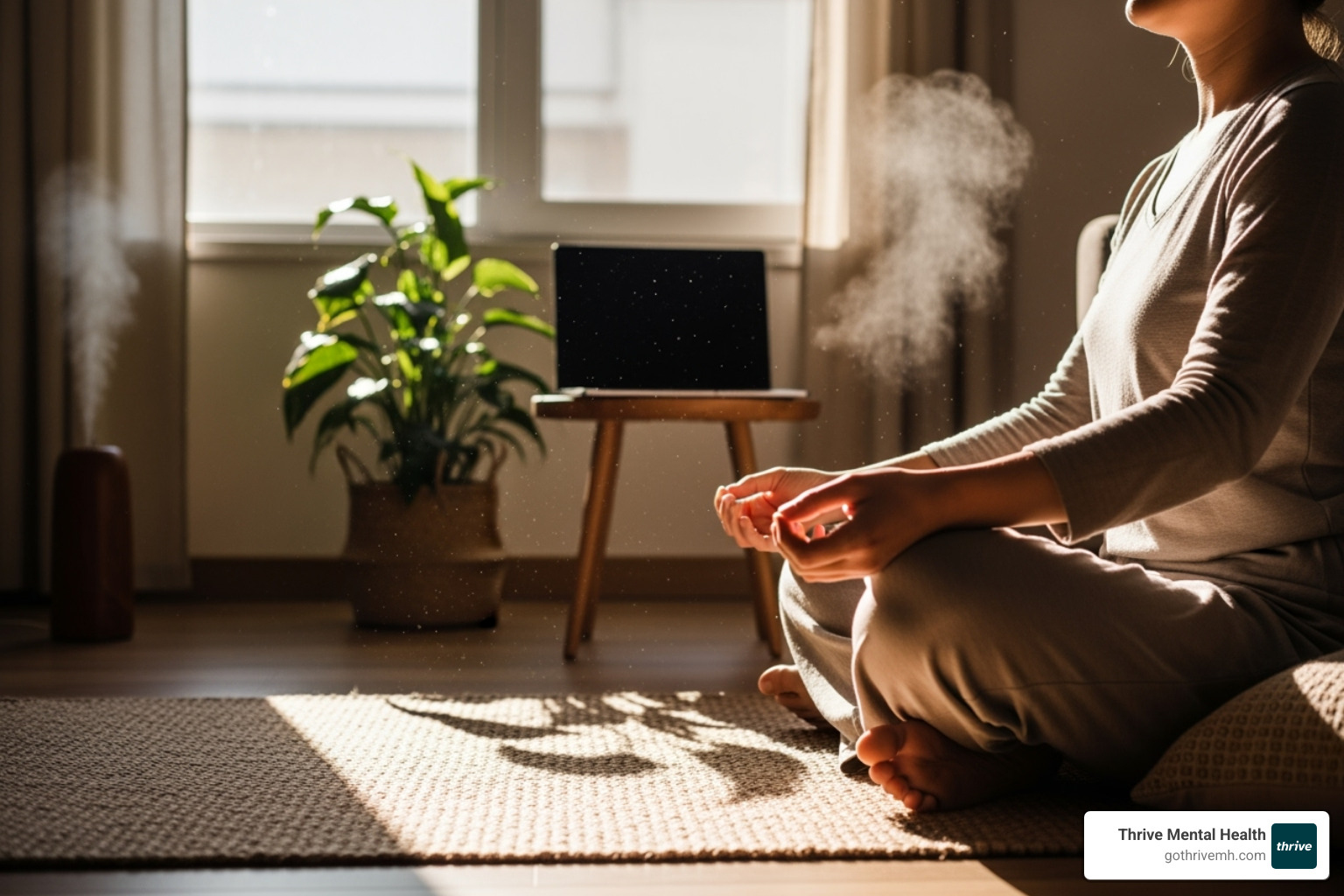 Person meditating peacefully at home with a laptop nearby, illustrating comfort and privacy - virtual iop program