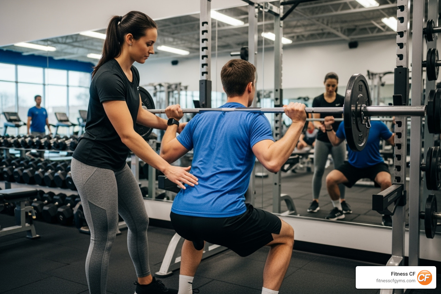 Friendly coach guiding a client on proper form