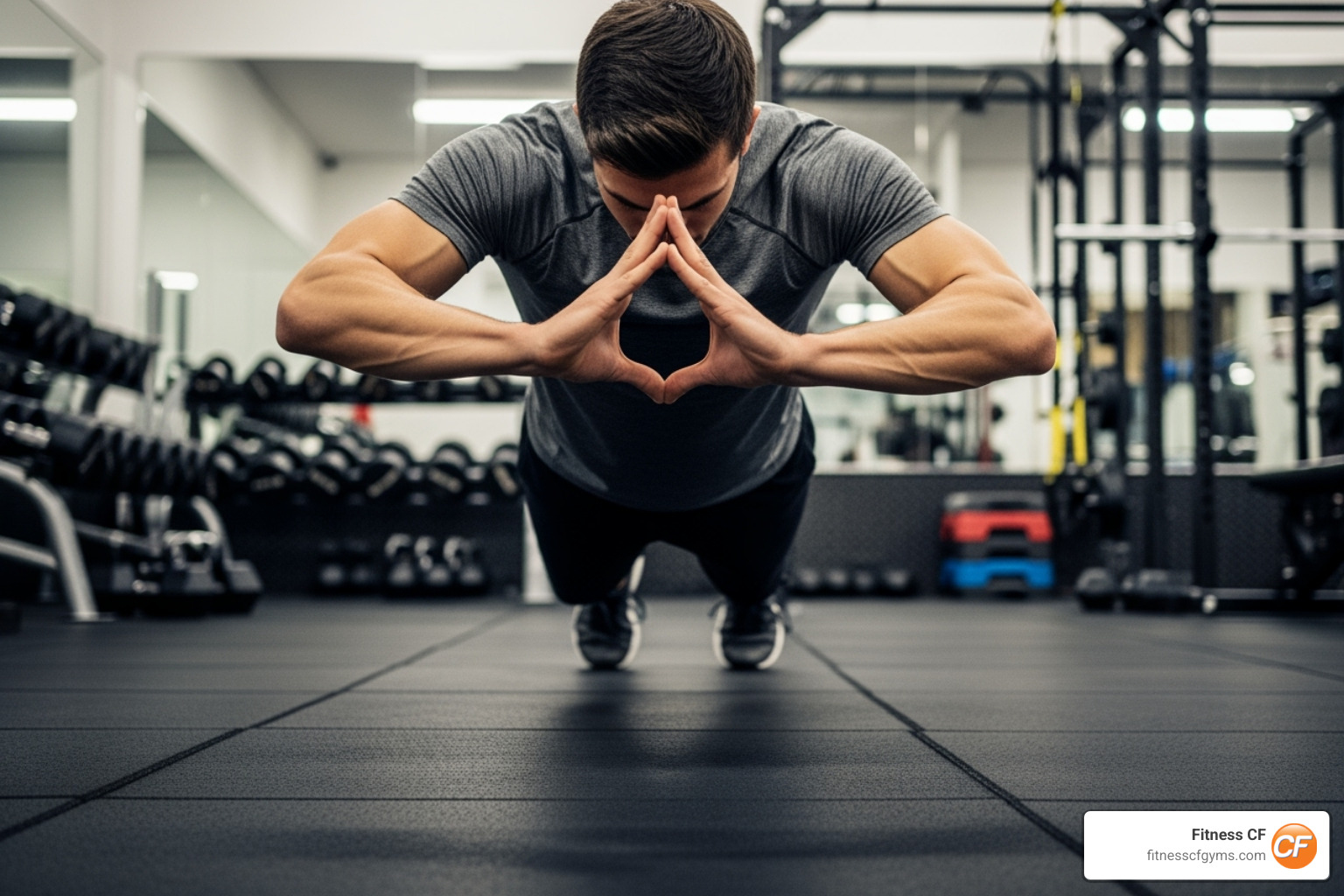 Image of a person in the top position of a diamond push-up - arm exercises