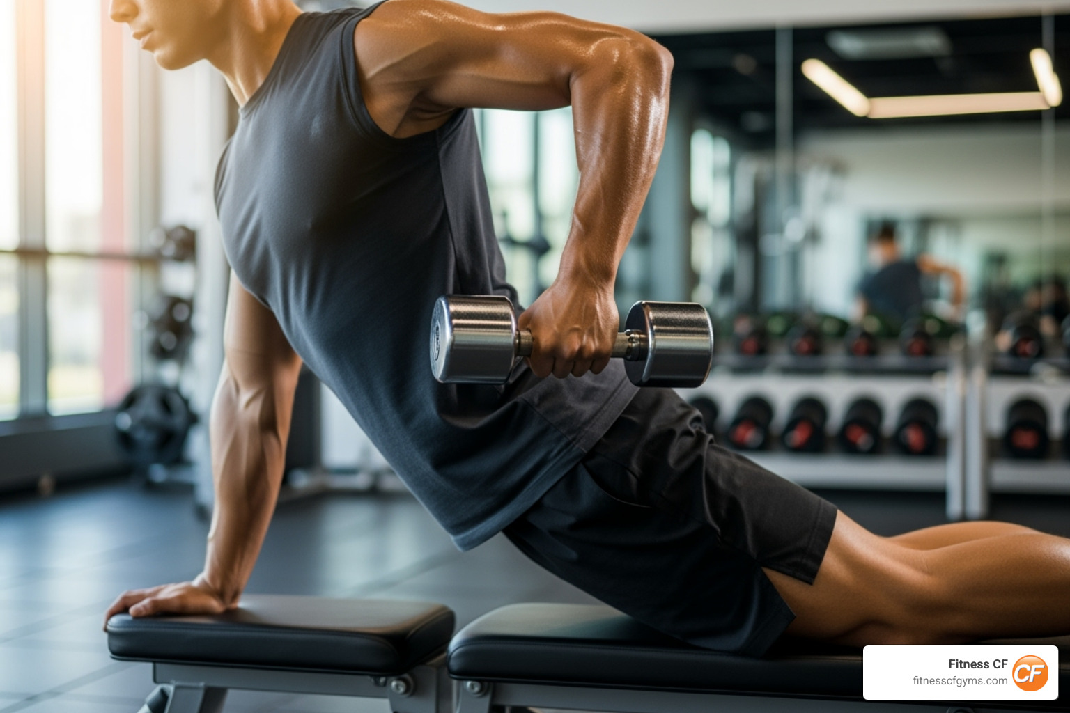 Image of a person demonstrating a tricep kickback with a flat back - arm exercises