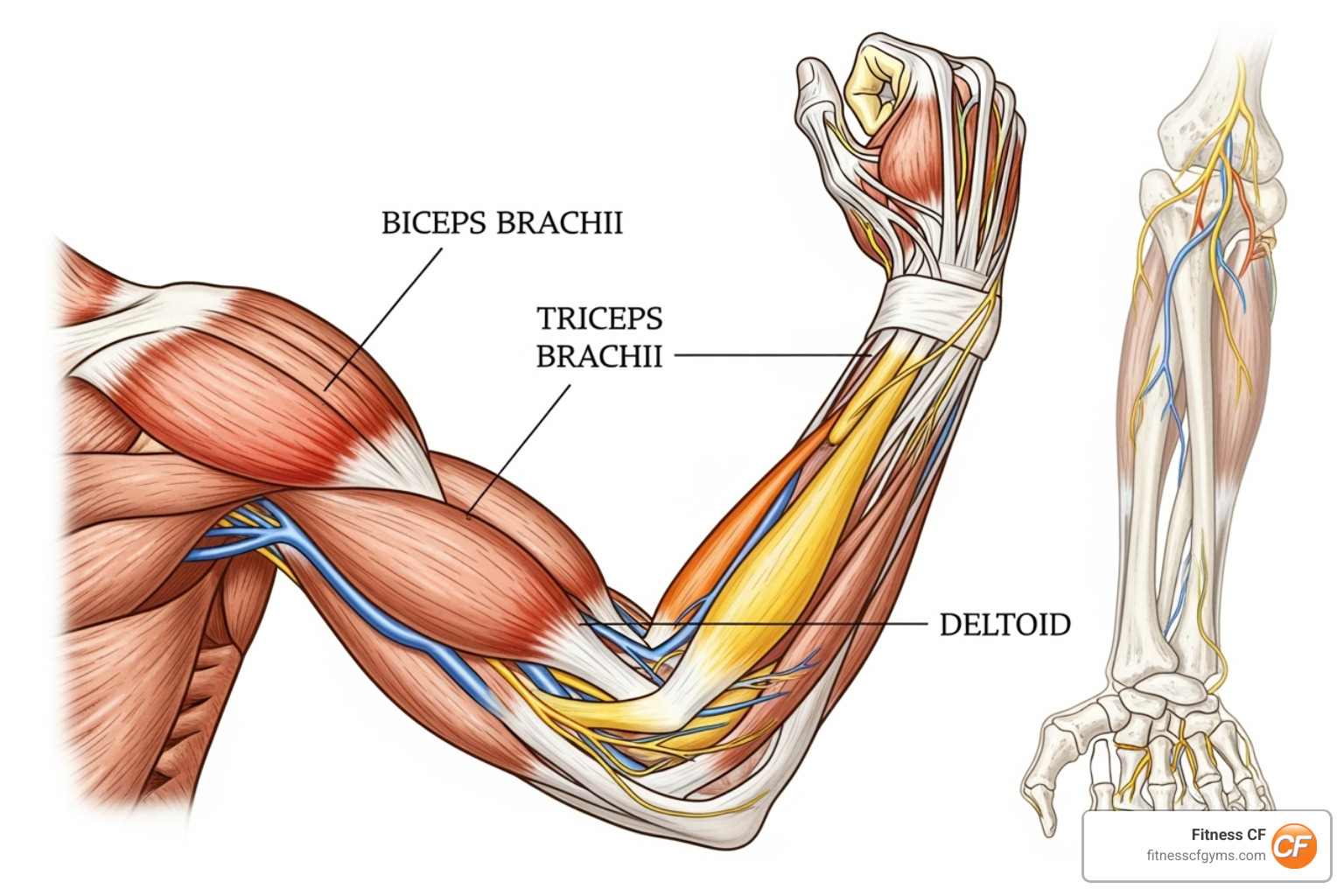 Image of the arm's muscle anatomy, highlighting biceps, triceps, and deltoids - arm exercises