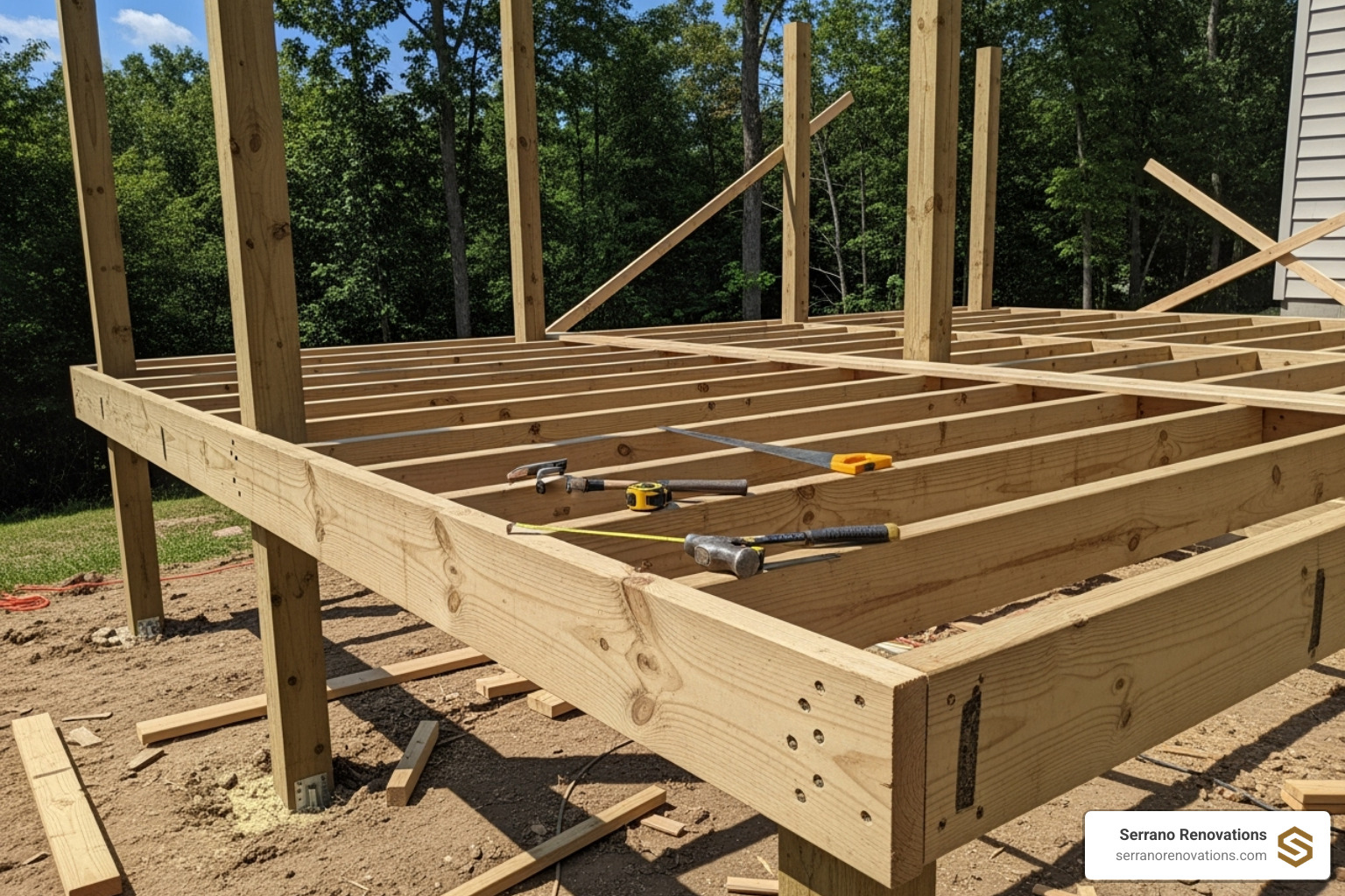 deck frame being constructed, showing joists and posts - Boca Raton deck builders