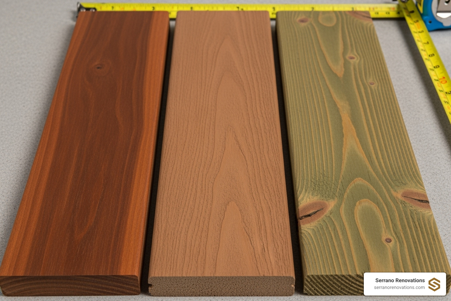 different decking material samples like Ipe, Trex, and pressure-treated wood - Boca Raton deck builders