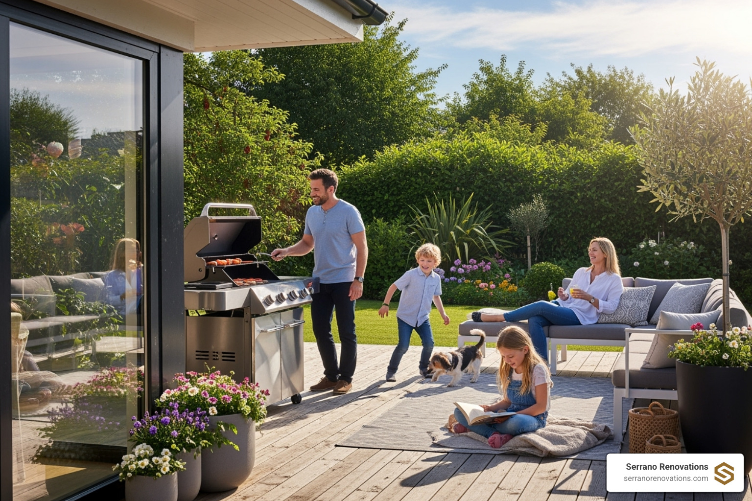 family enjoying their new, beautifully furnished deck - Boca Raton deck builders