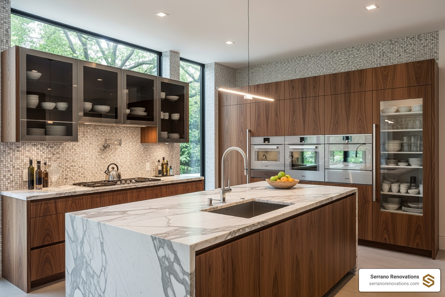 kitchen with high-end finishes like a marble waterfall island and custom wood cabinetry - boca raton kitchen remodeling near me