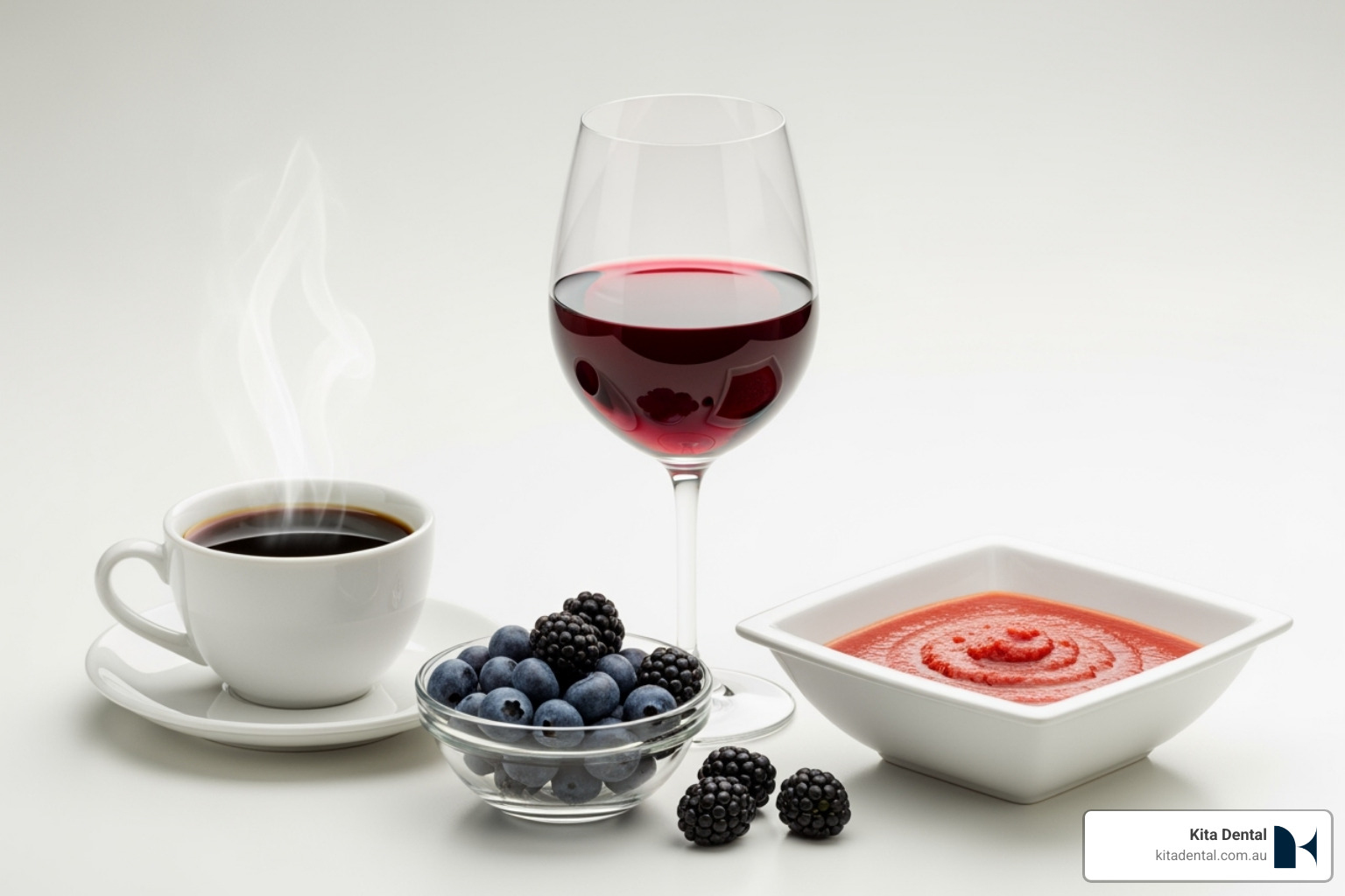 Infographic showing foods and drinks to avoid after teeth whitening, such as coffee, tea, red wine, dark berries, and brightly coloured sauces - teeth whitening sydney